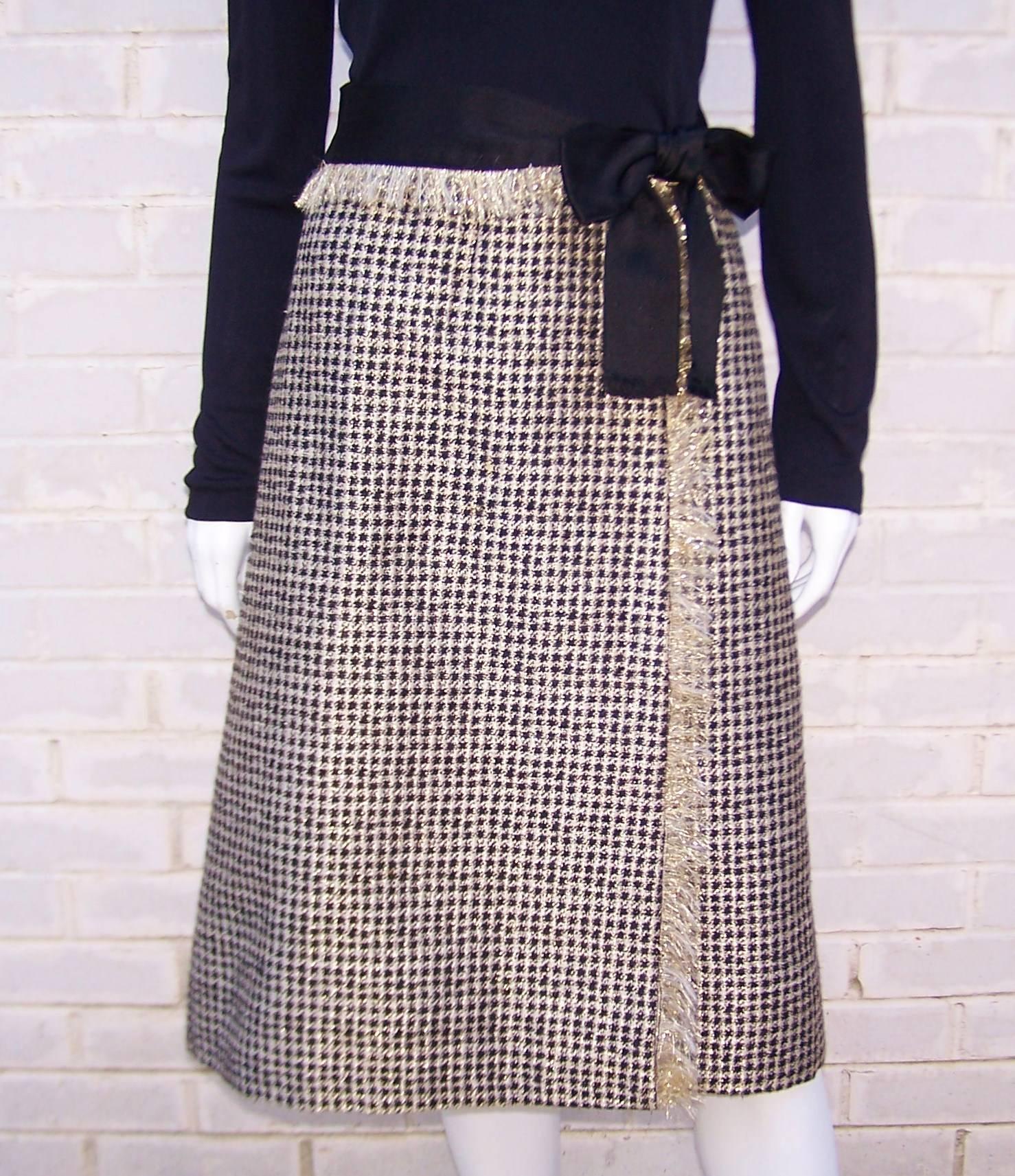 C.1970 Chester Weinberg Glam Gold Houndstooth & Black Jersey Dress 2
