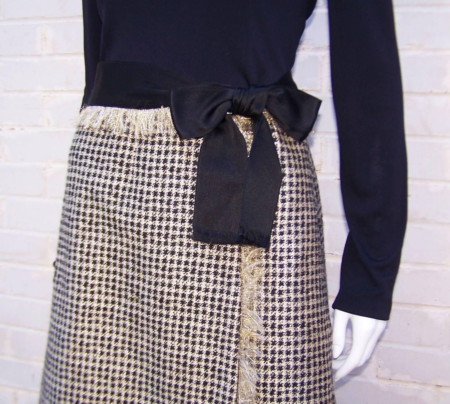 C.1970 Chester Weinberg Glam Gold Houndstooth & Black Jersey Dress 3