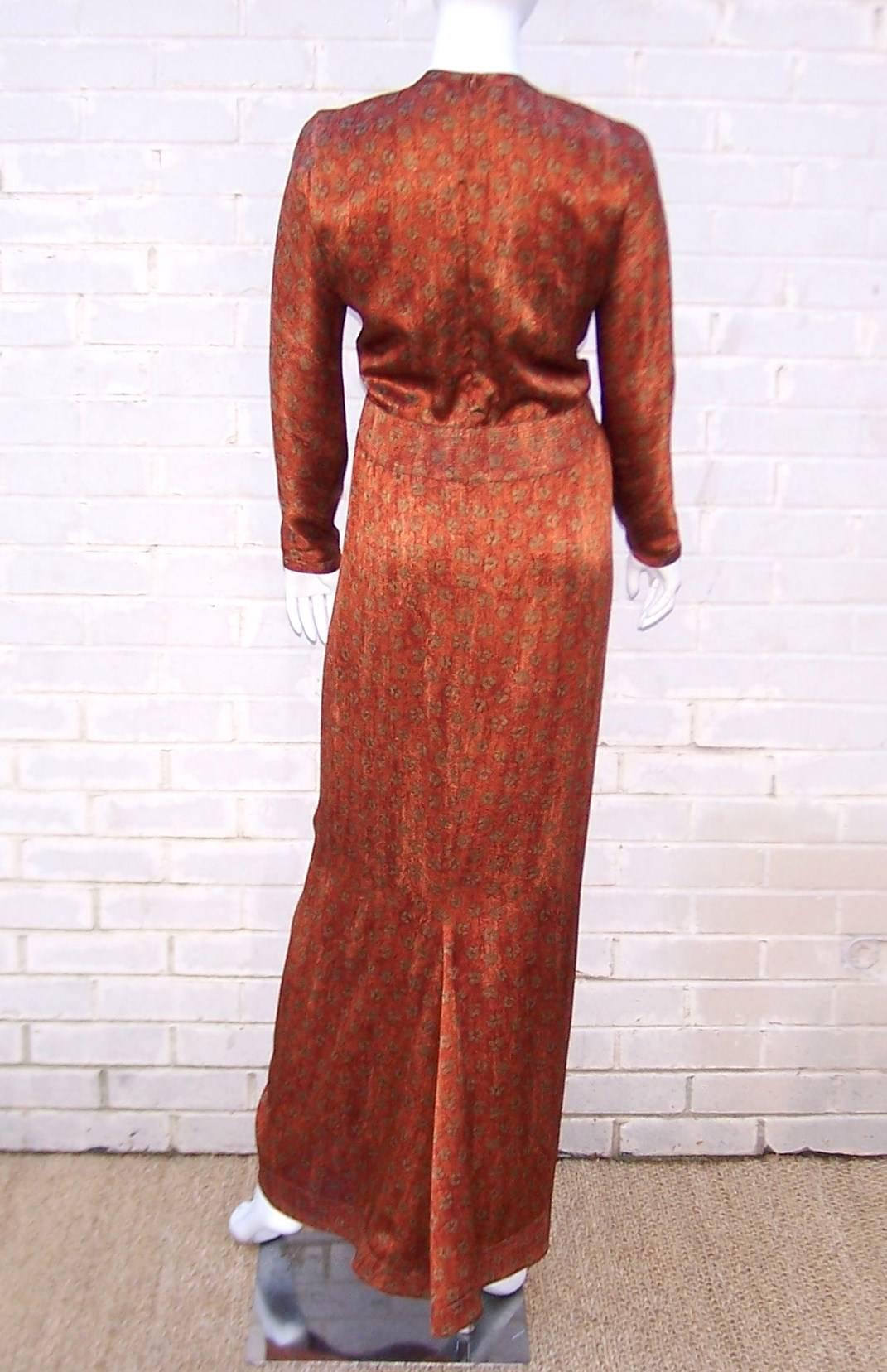 Women's Tall & Slender 1980's Copper Brown Silk Evening Gown With Modified Train 