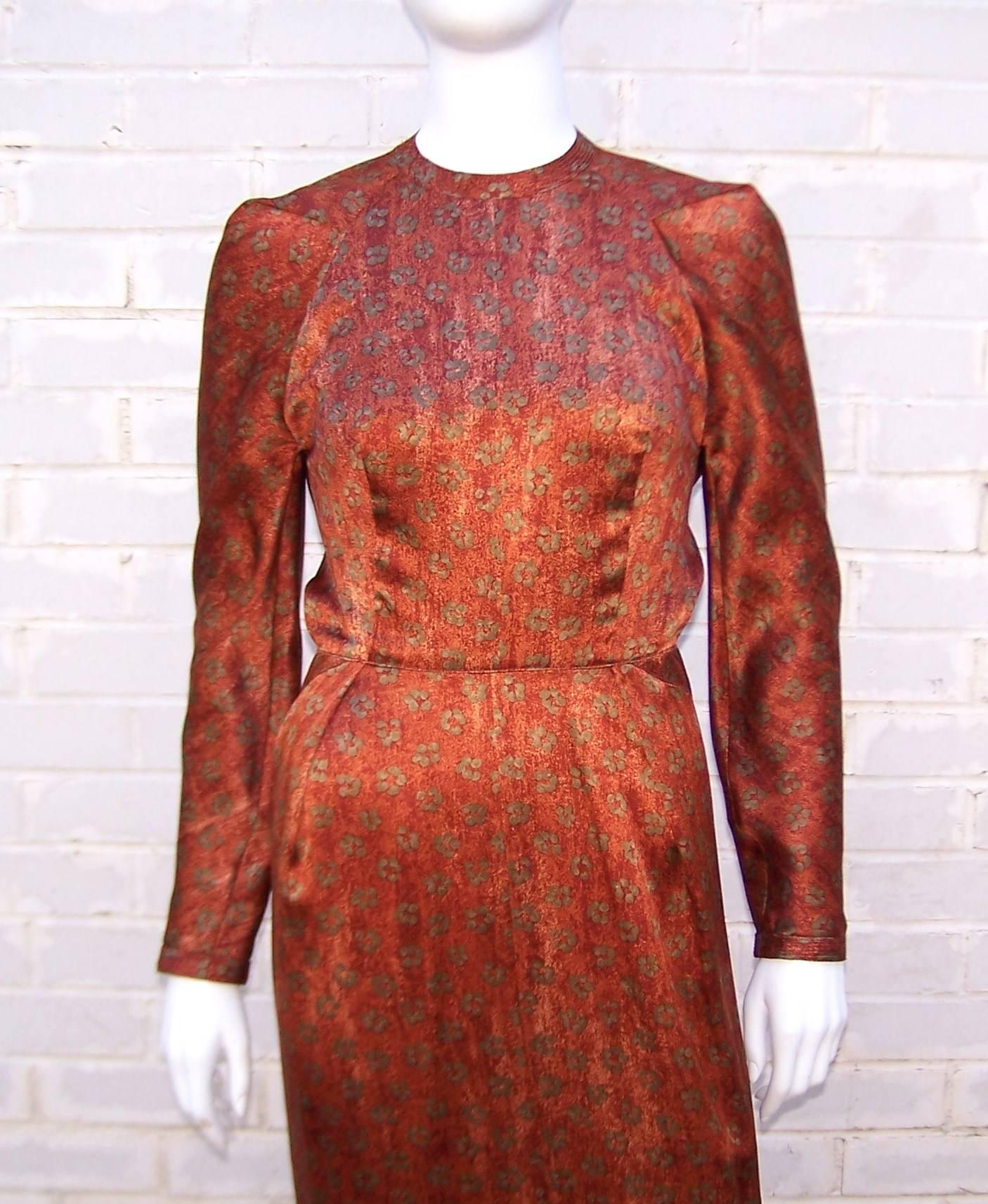 Tall & Slender 1980's Copper Brown Silk Evening Gown With Modified Train  1