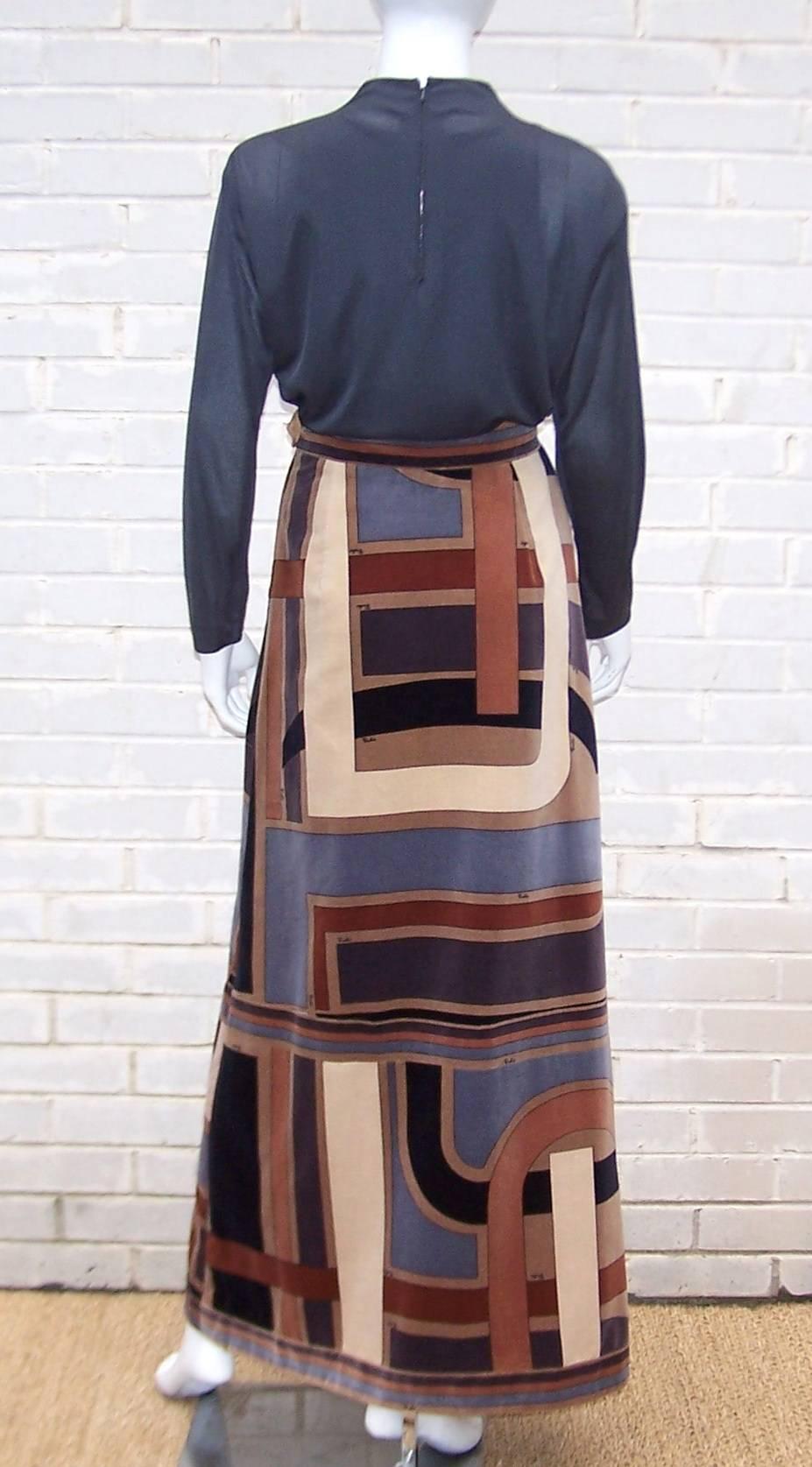 Love this period perfect mod ensemble from the king of the psychedelic prints, Emilio Pucci.  As always with Pucci, the star of the show is the fabric design ... graphic intersecting lines in grays, black and various shades of brown.  The maxi skirt