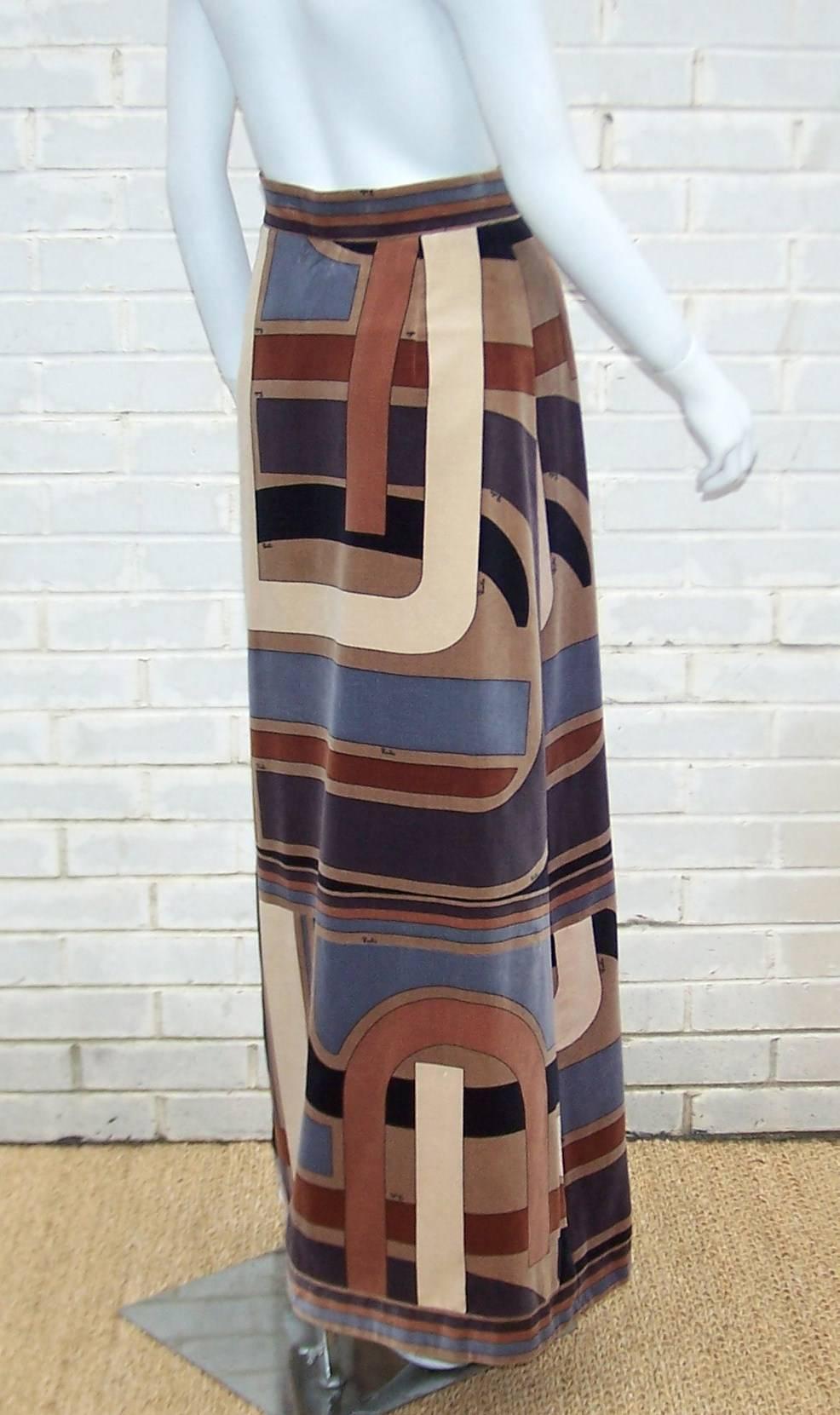 Women's Ultra Mod C.1970 Emilio Pucci Silk Top With Velvet Maxi Skirt