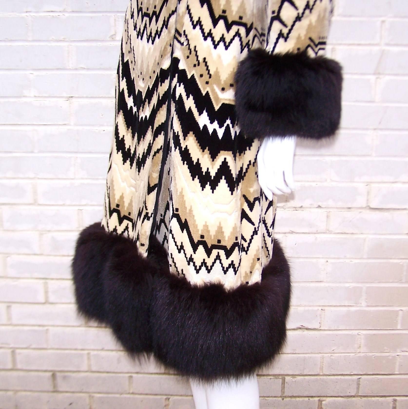 Art Deco Style 1960's Chevron Cut Velvet & Fox Fur Coat 1