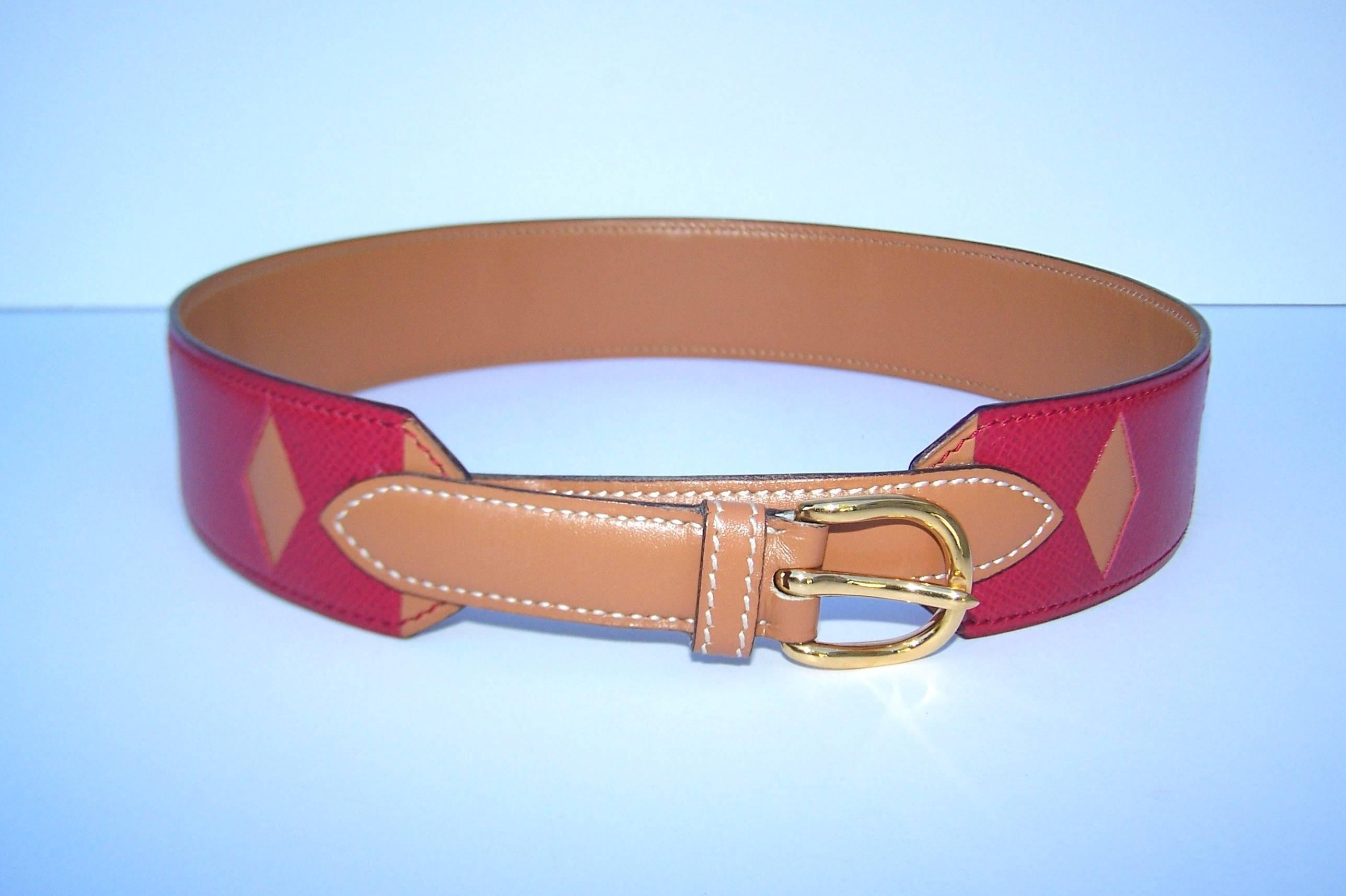 Red  Two Tone 1988 Hermes Rouge Casaque & Gold Camel Leather Cut Work Belt