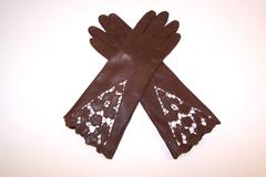 1950's Chocolate Brown Leather Gauntlet Style Gloves With Embroidered Cut Work