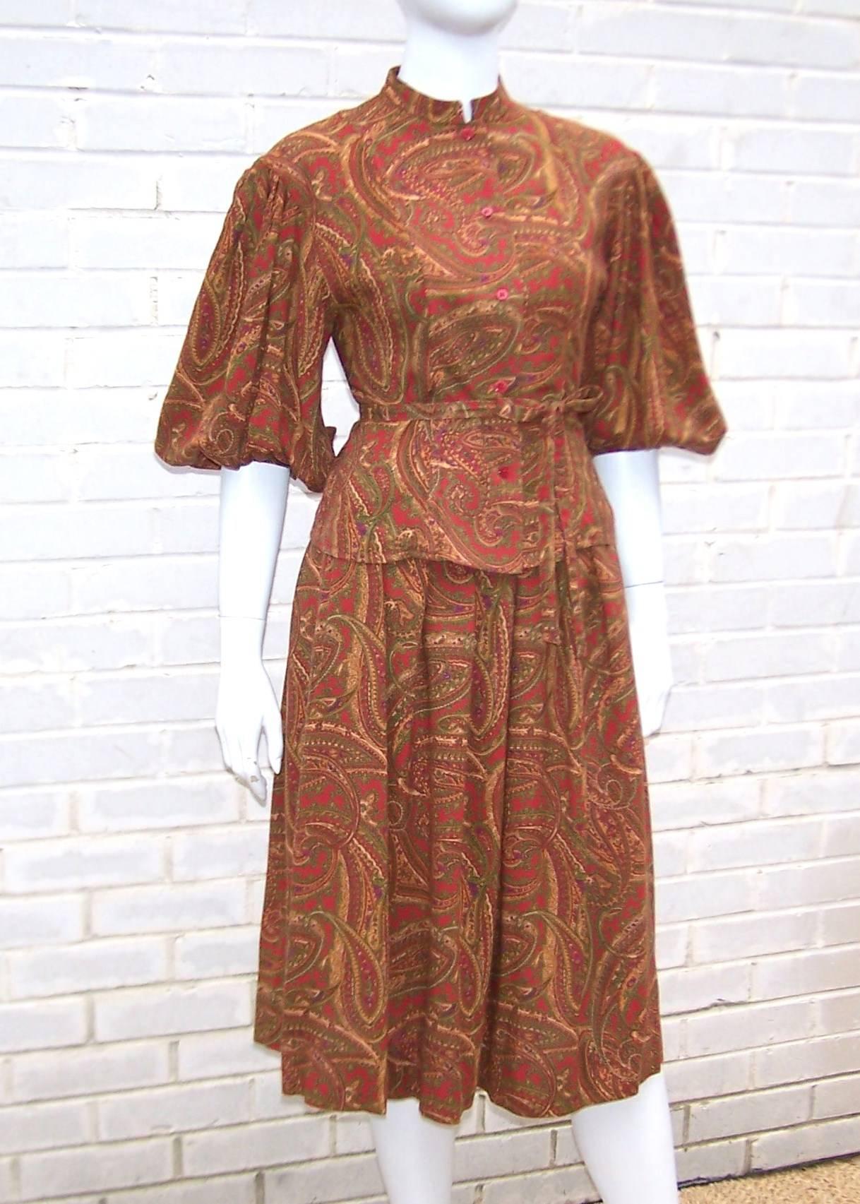 Brown 1970's Paisley Victorian Style Top & Skirt Ensemble 