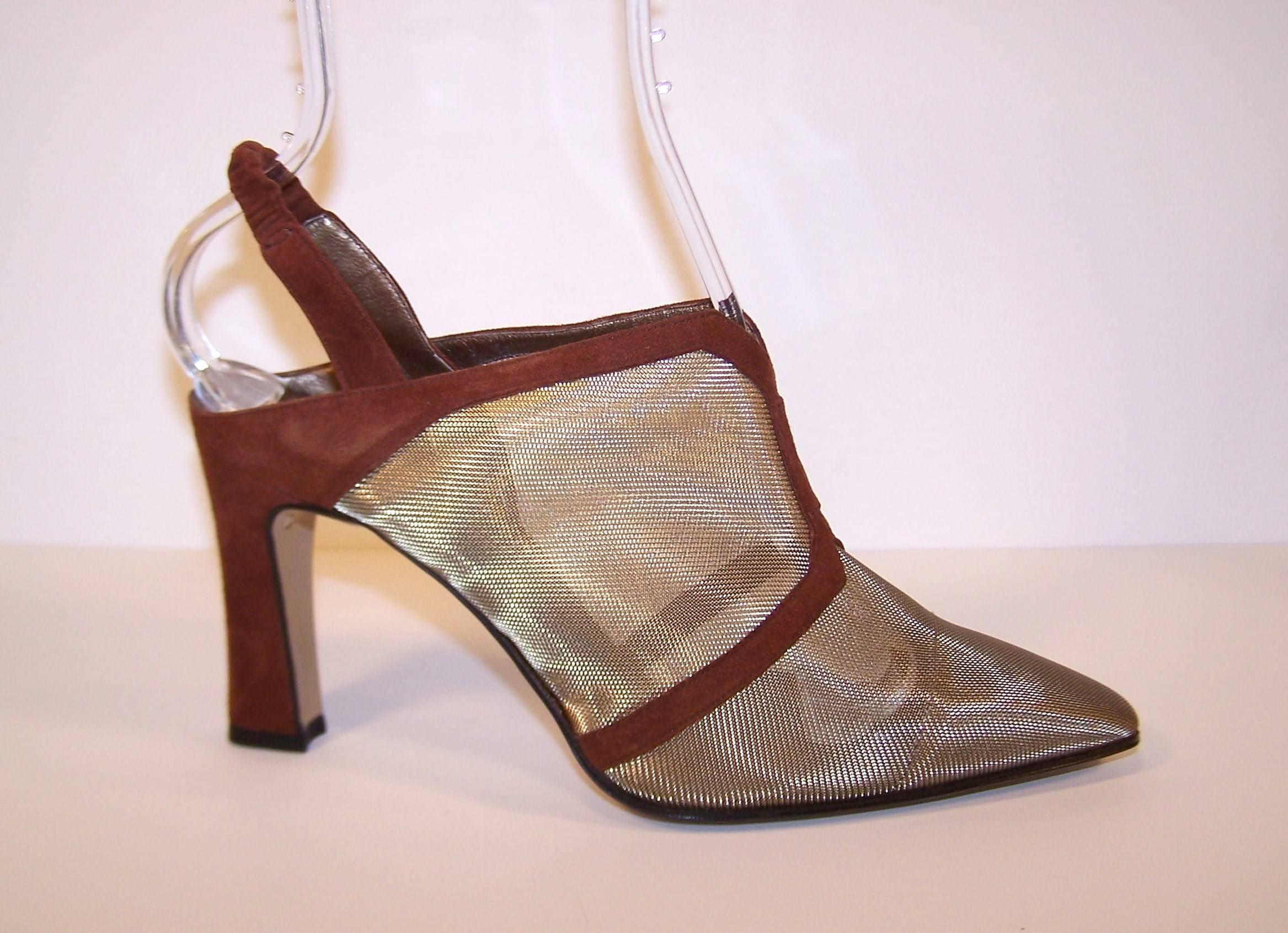 Brown 1980's Comcedia Italian Gold Mesh & Suede Slingback Shoes