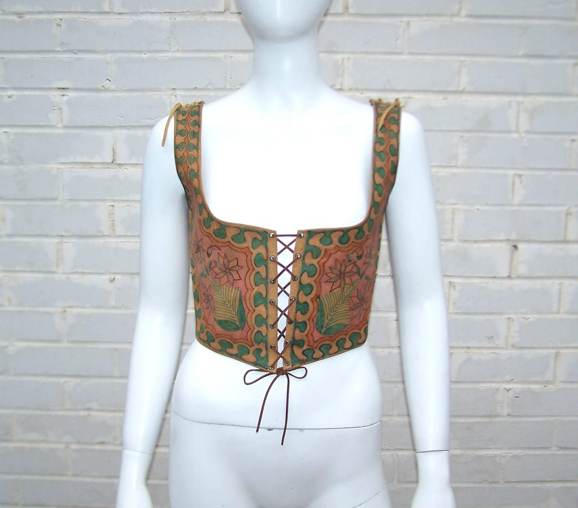 Whether or not you're a pirate, a good wench vest can really come in handy.  Especially when it is a cool hand painted design from Charlotte Blankenship de Vasquez and her Char 'Hecho en Mexico' label.  This early 1970's piece is the classic corset