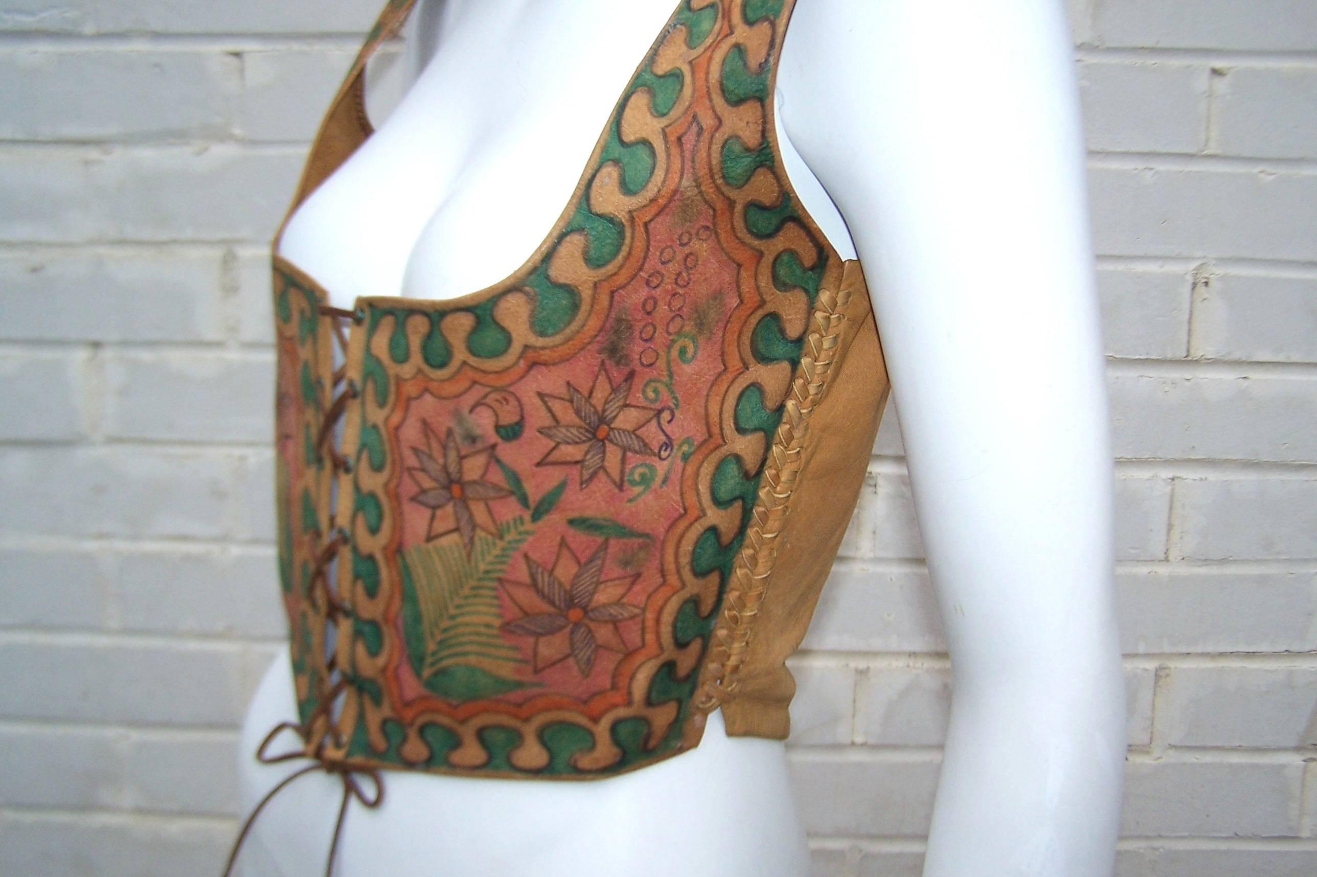 Early 1970's Char Hand Painted Leather Lace Up Corset Vest In Fair Condition In Atlanta, GA