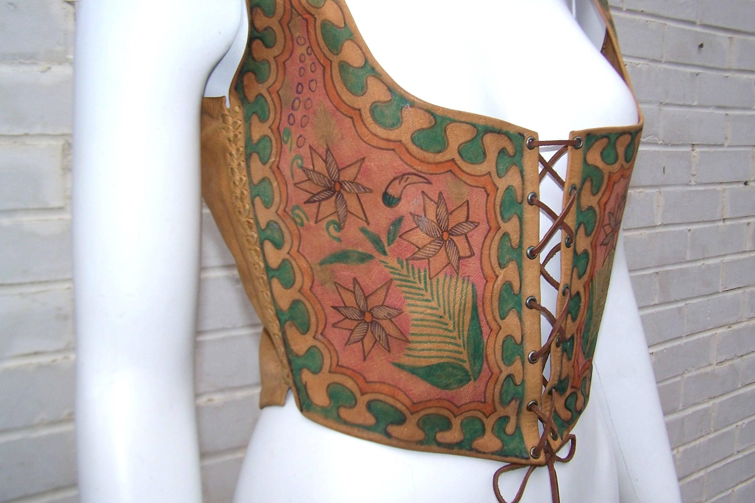 Women's Early 1970's Char Hand Painted Leather Lace Up Corset Vest