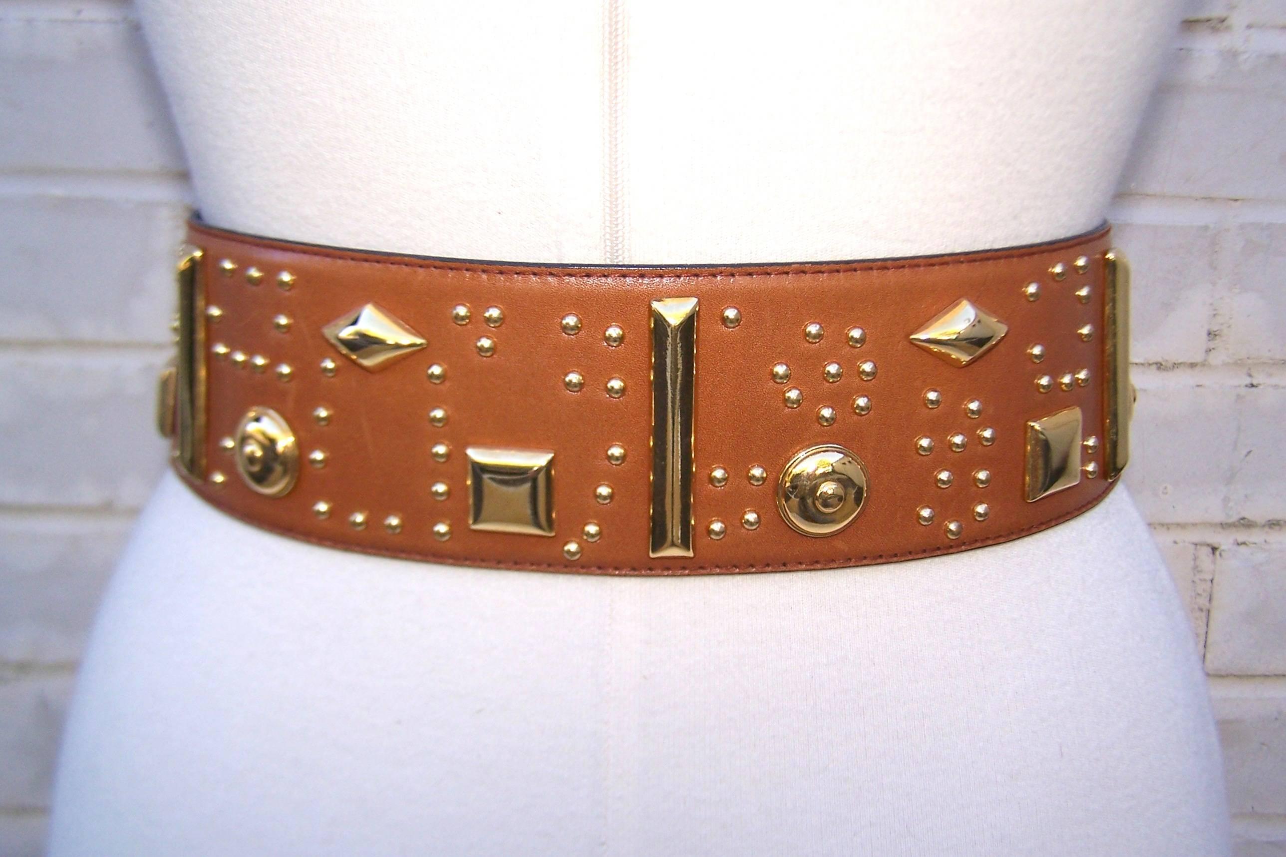 Brown Escada Wide Leather Belt With Studs, 1980's For Sale