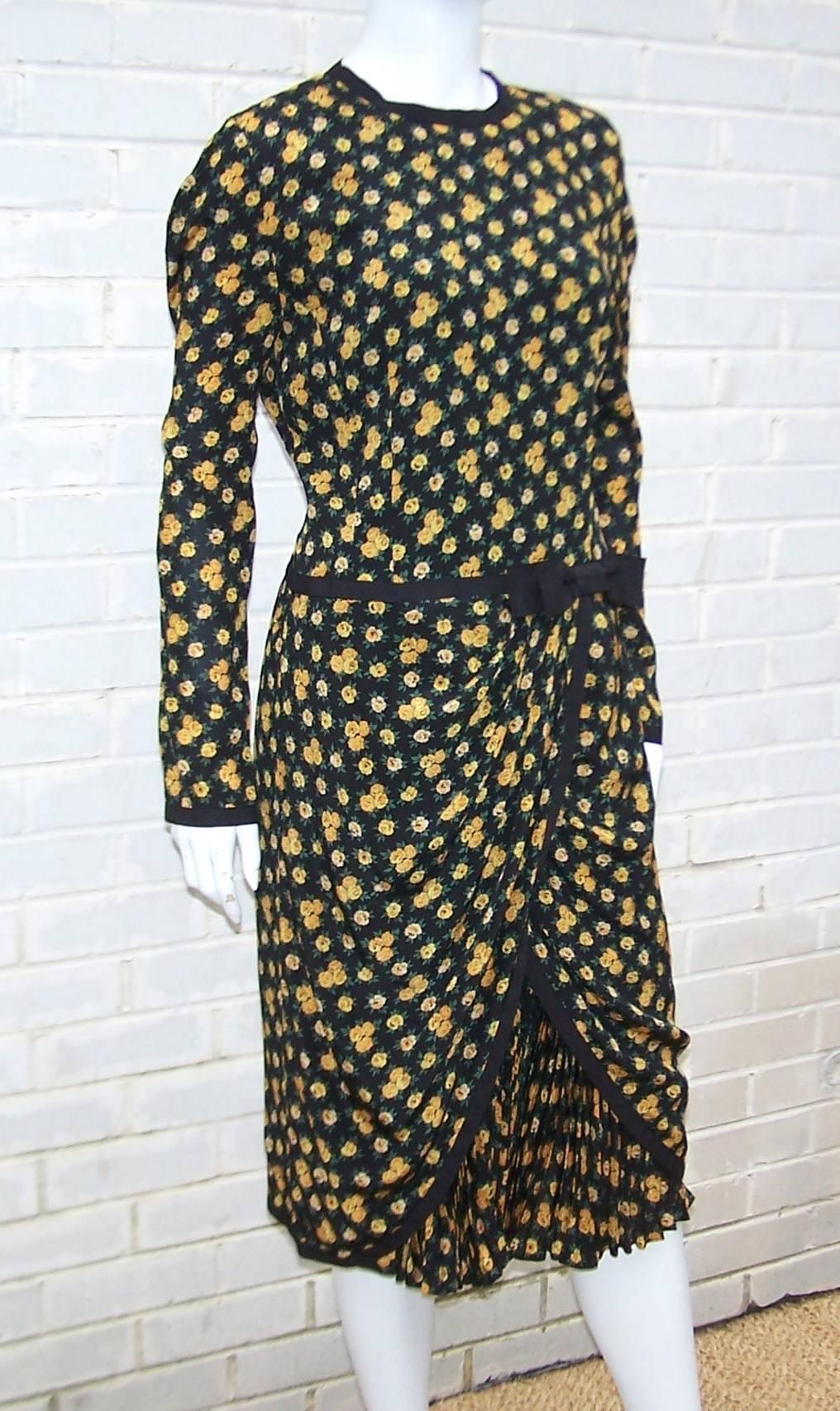 Black Louis Feraud Floral Silk Dress, 1980's  For Sale