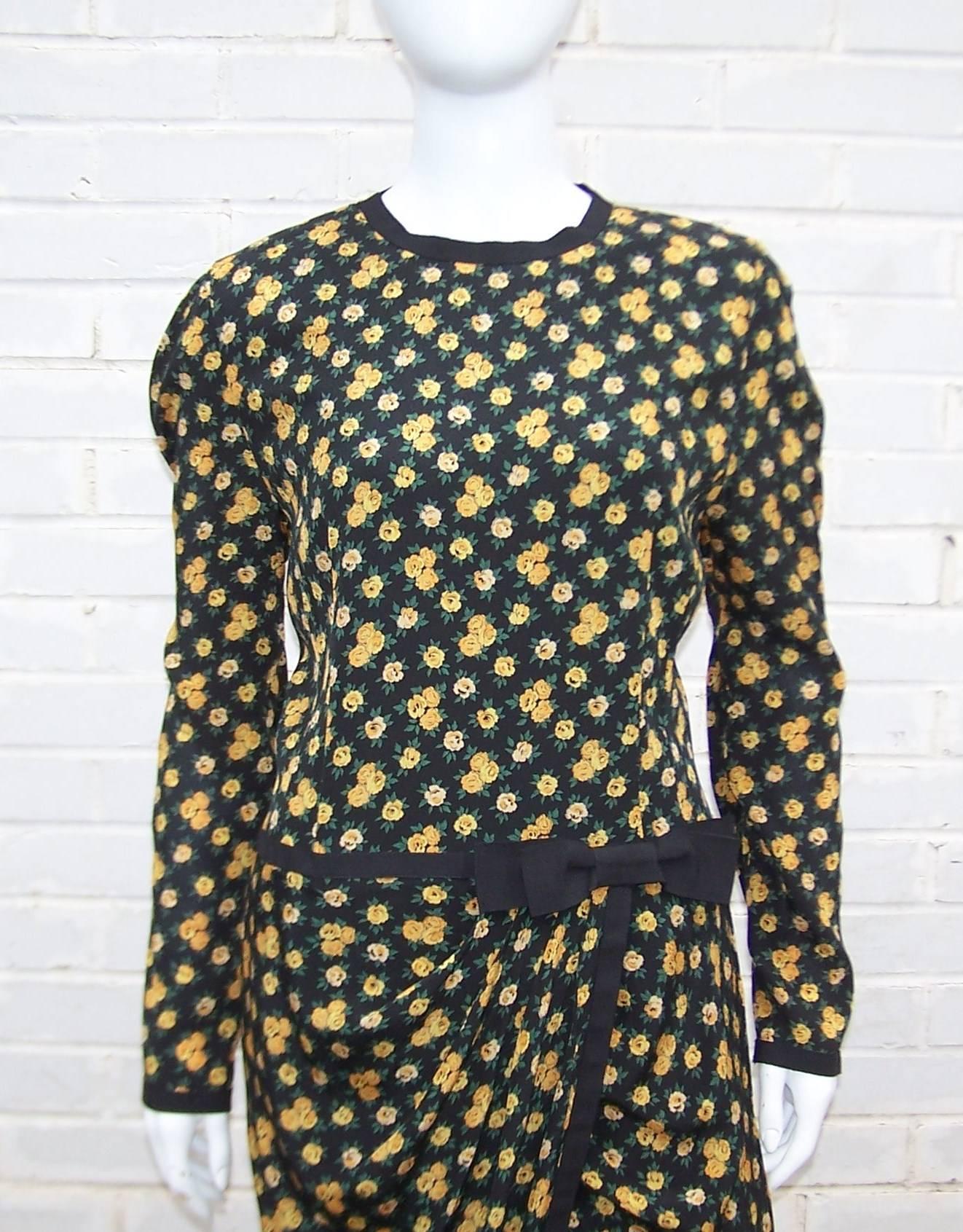 Women's Louis Feraud Floral Silk Dress, 1980's  For Sale
