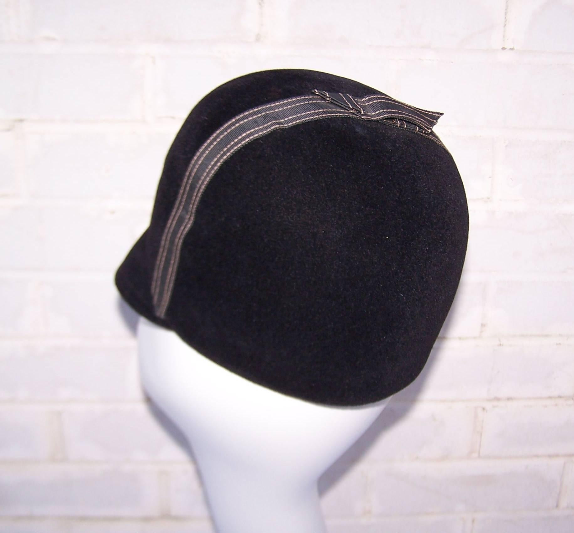 Equestrian Influenced 1960's Mod Black Wool Riding Hat In Excellent Condition In Atlanta, GA