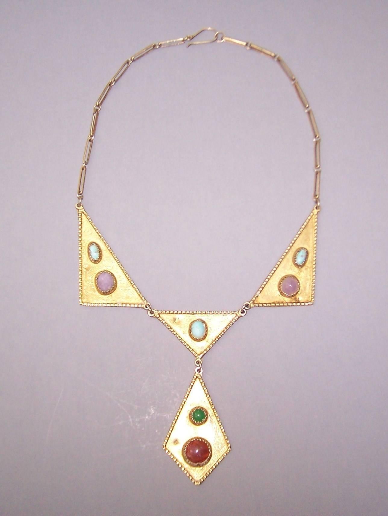 Artisan Cleopatra Style 1970's Egyptian Vermeil Bib Necklace With Semi Precious Stones 