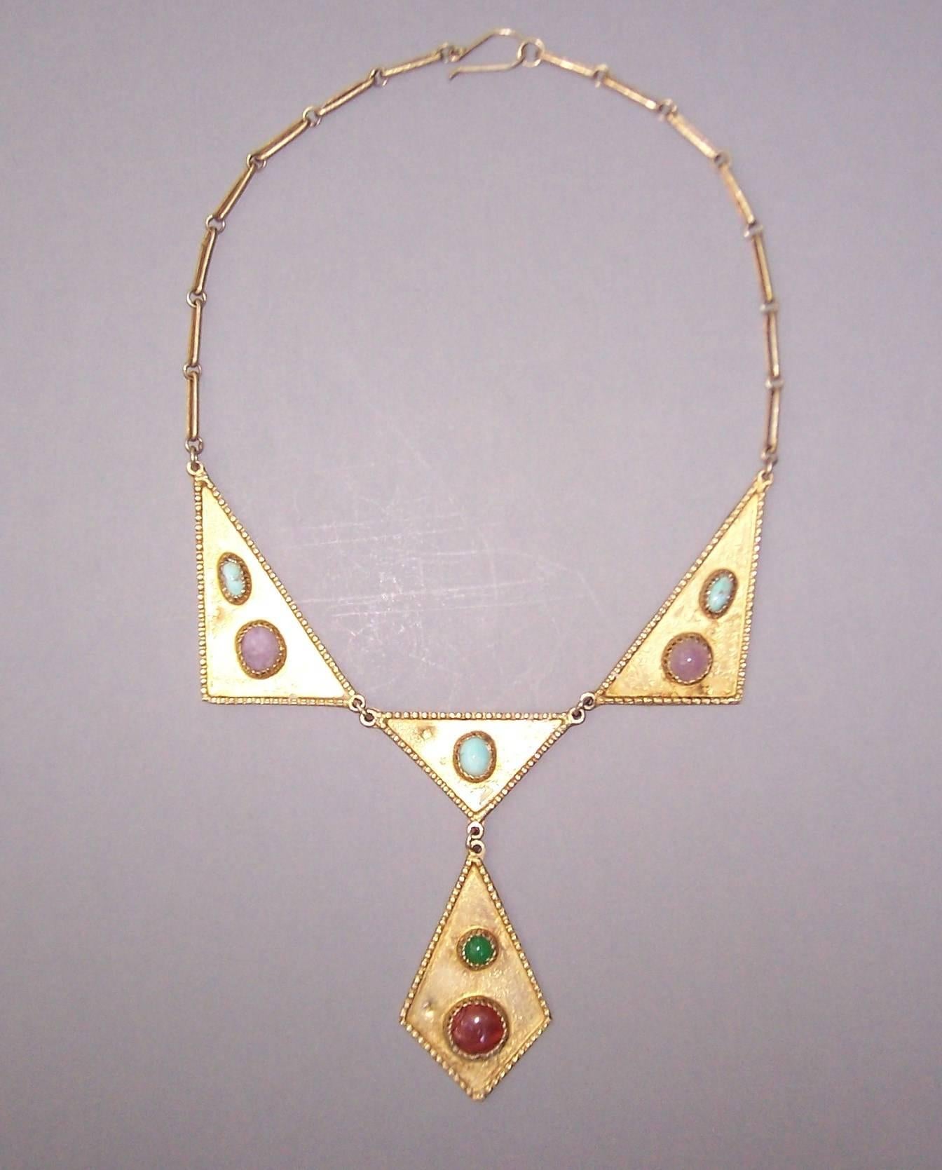 Cleopatra Style 1970's Egyptian Vermeil Bib Necklace With Semi Precious Stones  In Excellent Condition In Atlanta, GA