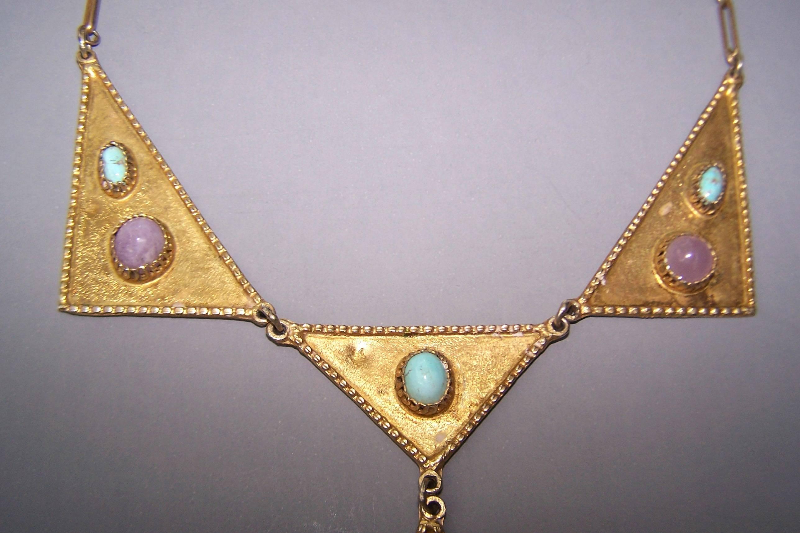 Cleopatra Style 1970's Egyptian Vermeil Bib Necklace With Semi Precious Stones  1