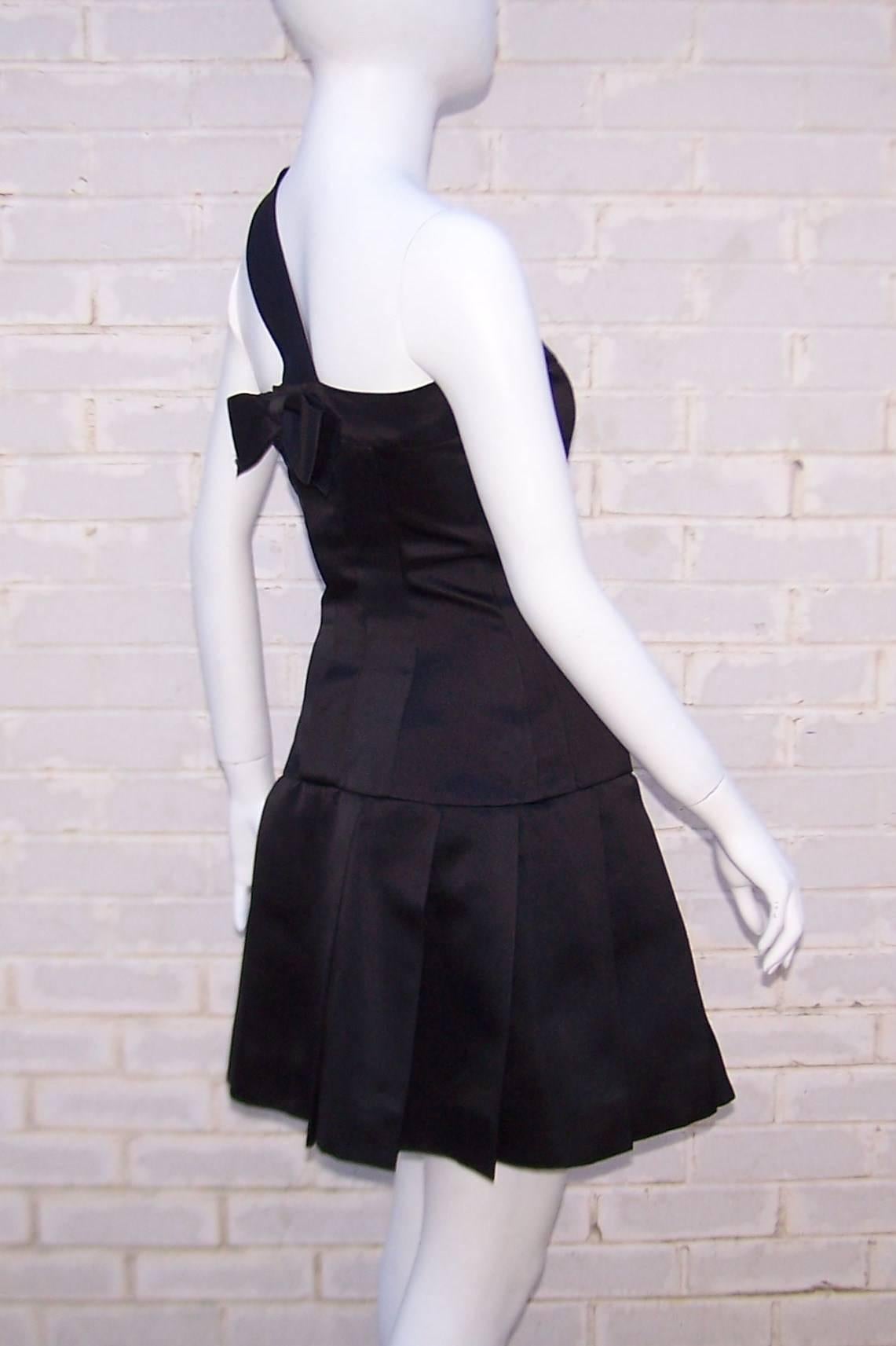 Fun & Flirty 1980's Chanel Boutique Black Silk Satin Asymmetrical Strap Dress  In Excellent Condition In Atlanta, GA