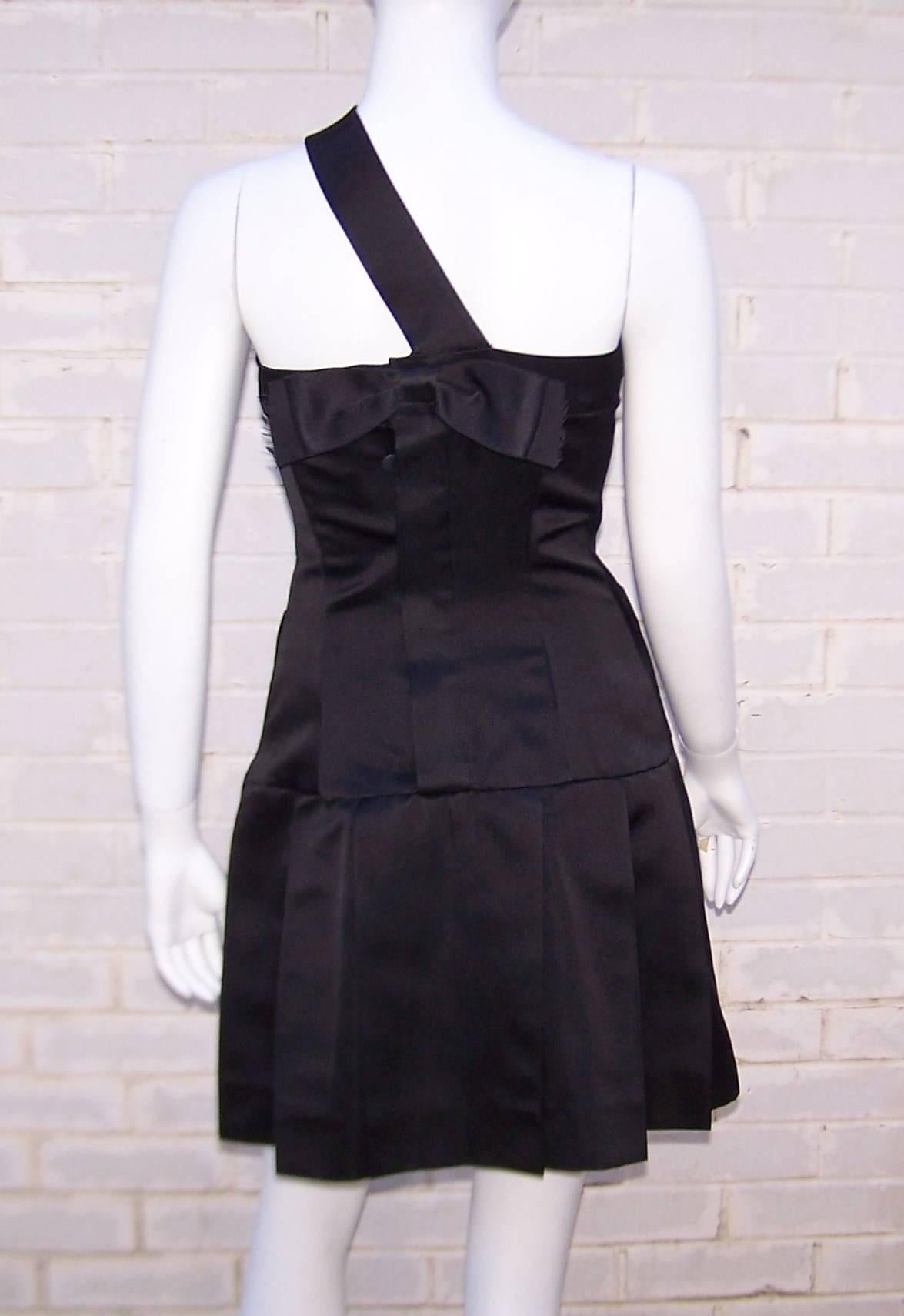 Women's Fun & Flirty 1980's Chanel Boutique Black Silk Satin Asymmetrical Strap Dress 