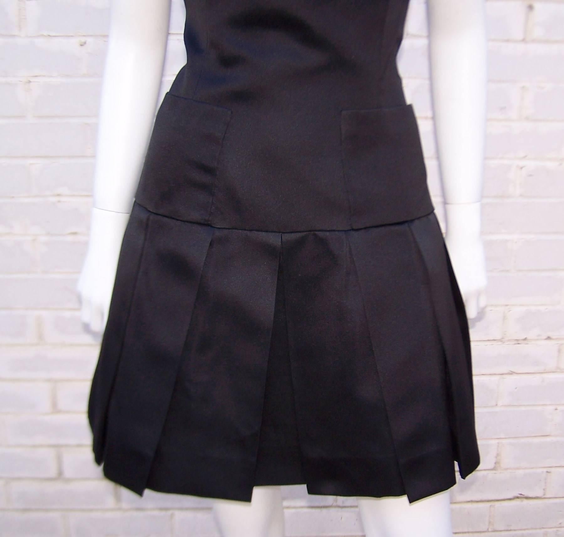 Fun & Flirty 1980's Chanel Boutique Black Silk Satin Asymmetrical Strap Dress  1
