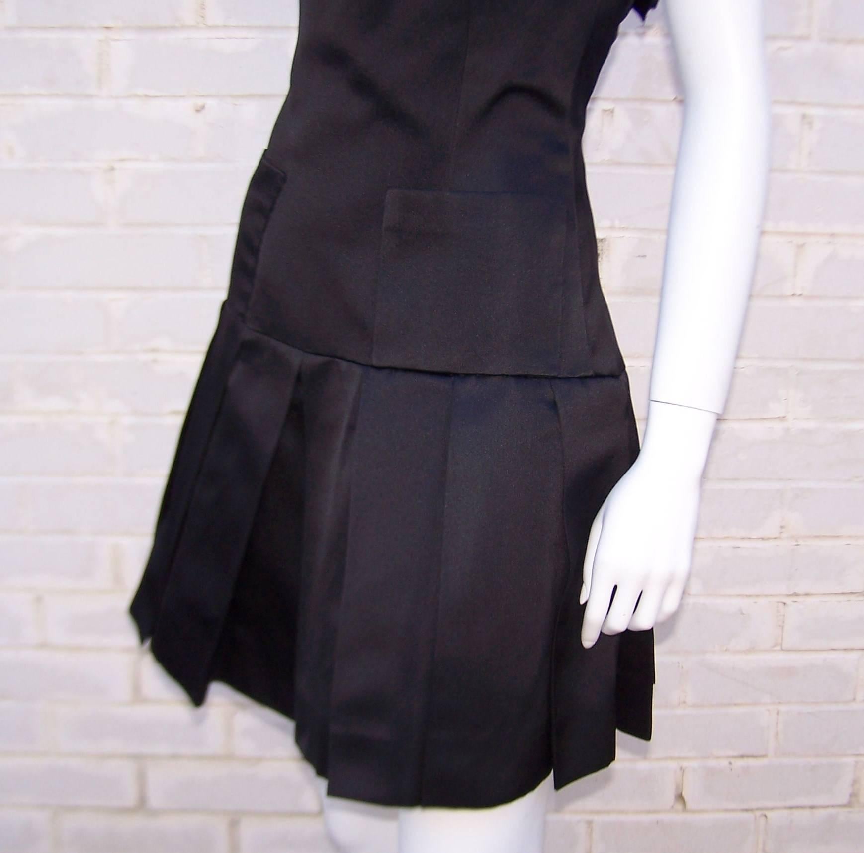Fun & Flirty 1980's Chanel Boutique Black Silk Satin Asymmetrical Strap Dress  2