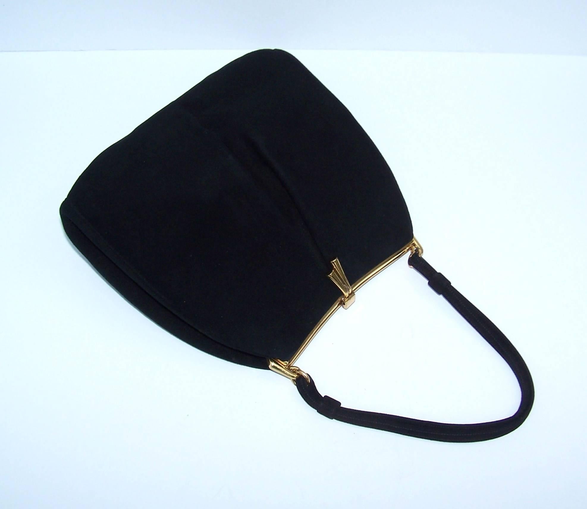 Lovely 1950's Coblentz Black Suede Handbag With Unique Jewelry Style Closure In Excellent Condition In Atlanta, GA