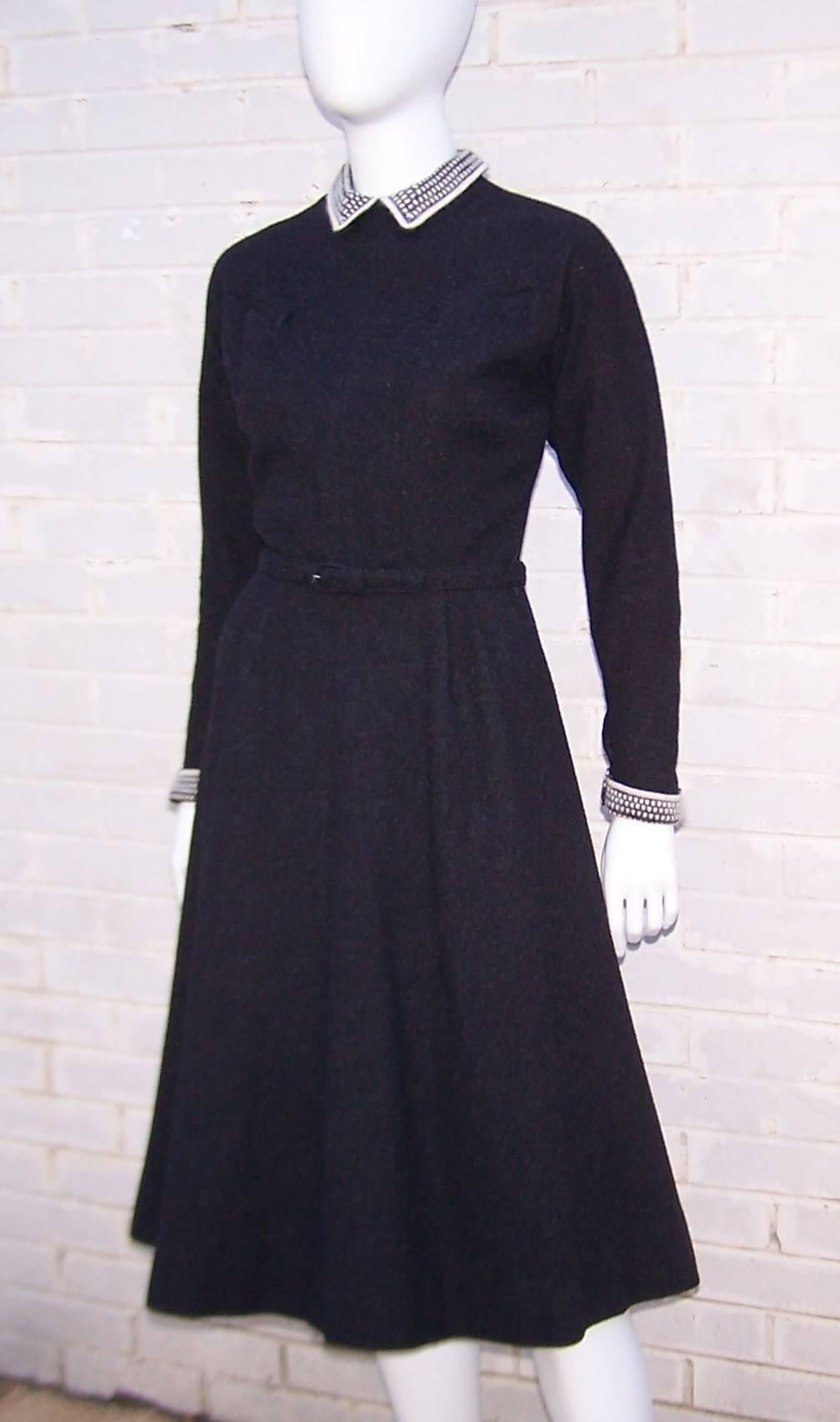 Women's School Girl Style 1950's Charcoal Gray Wool Dress With Angora Details