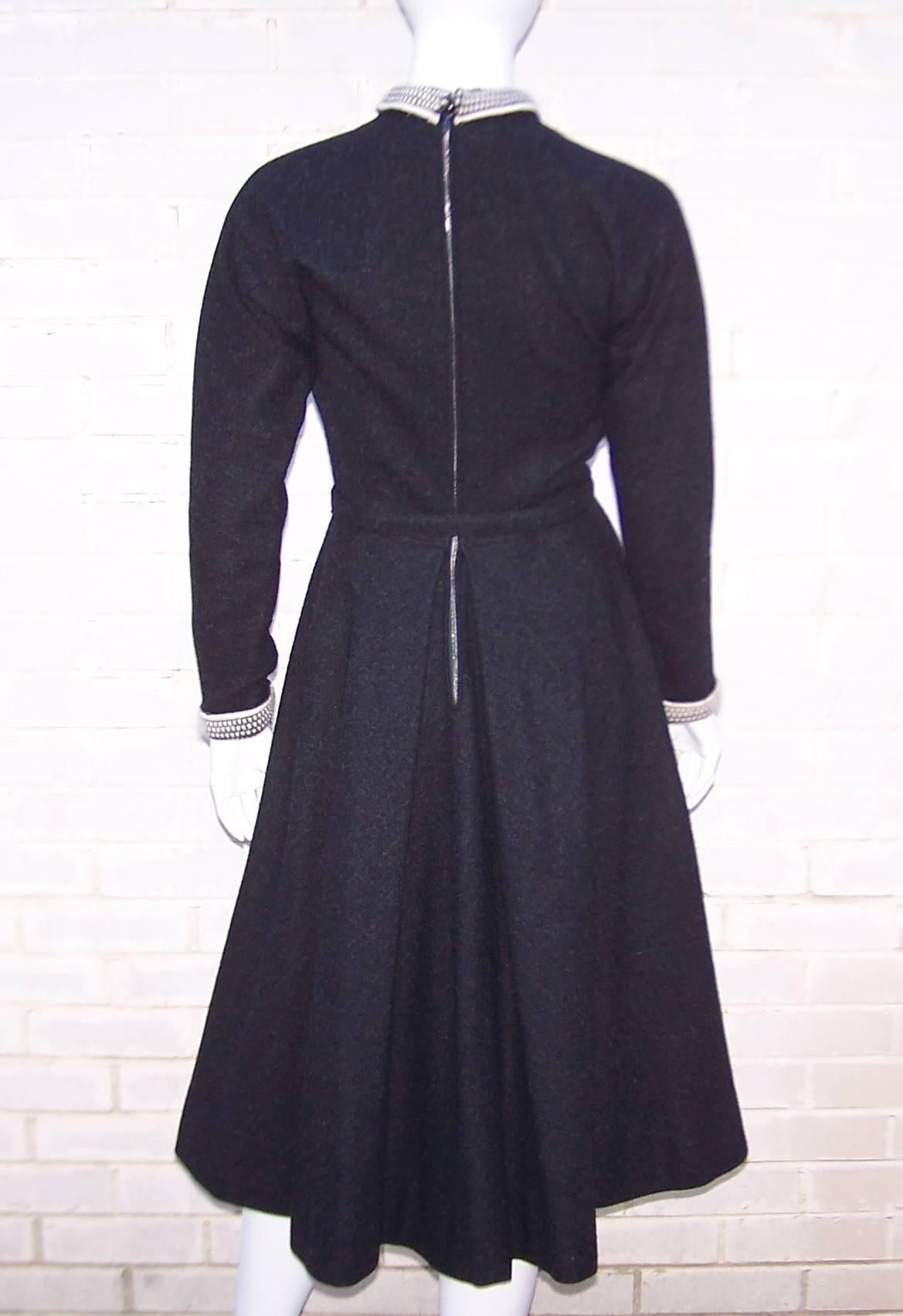 School Girl Style 1950's Charcoal Gray Wool Dress With Angora Details 1