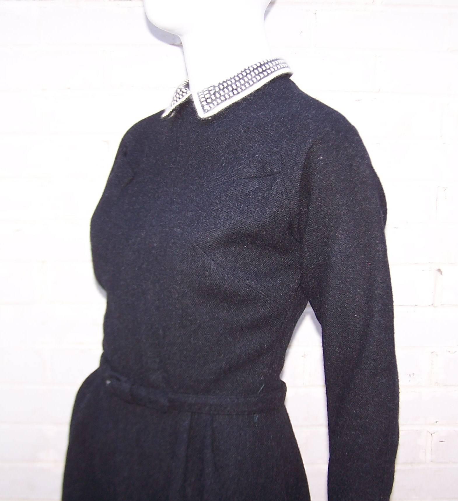School Girl Style 1950's Charcoal Gray Wool Dress With Angora Details 3