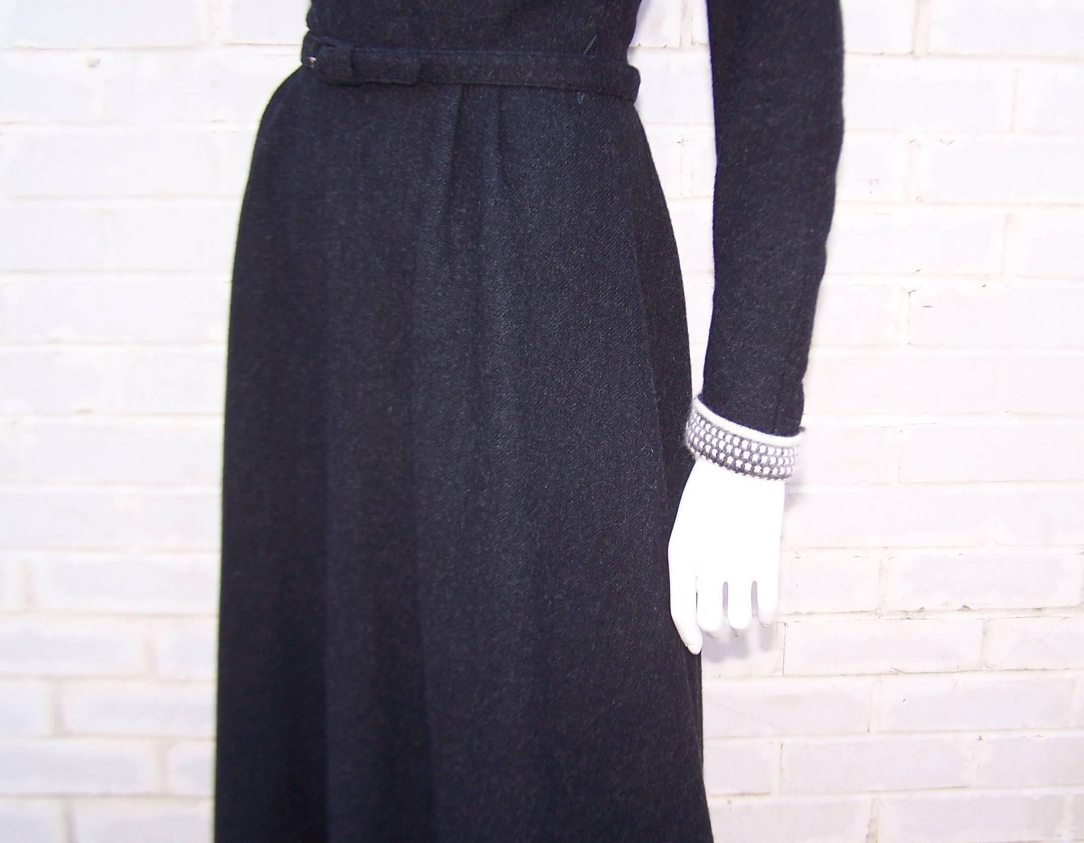 School Girl Style 1950's Charcoal Gray Wool Dress With Angora Details 5