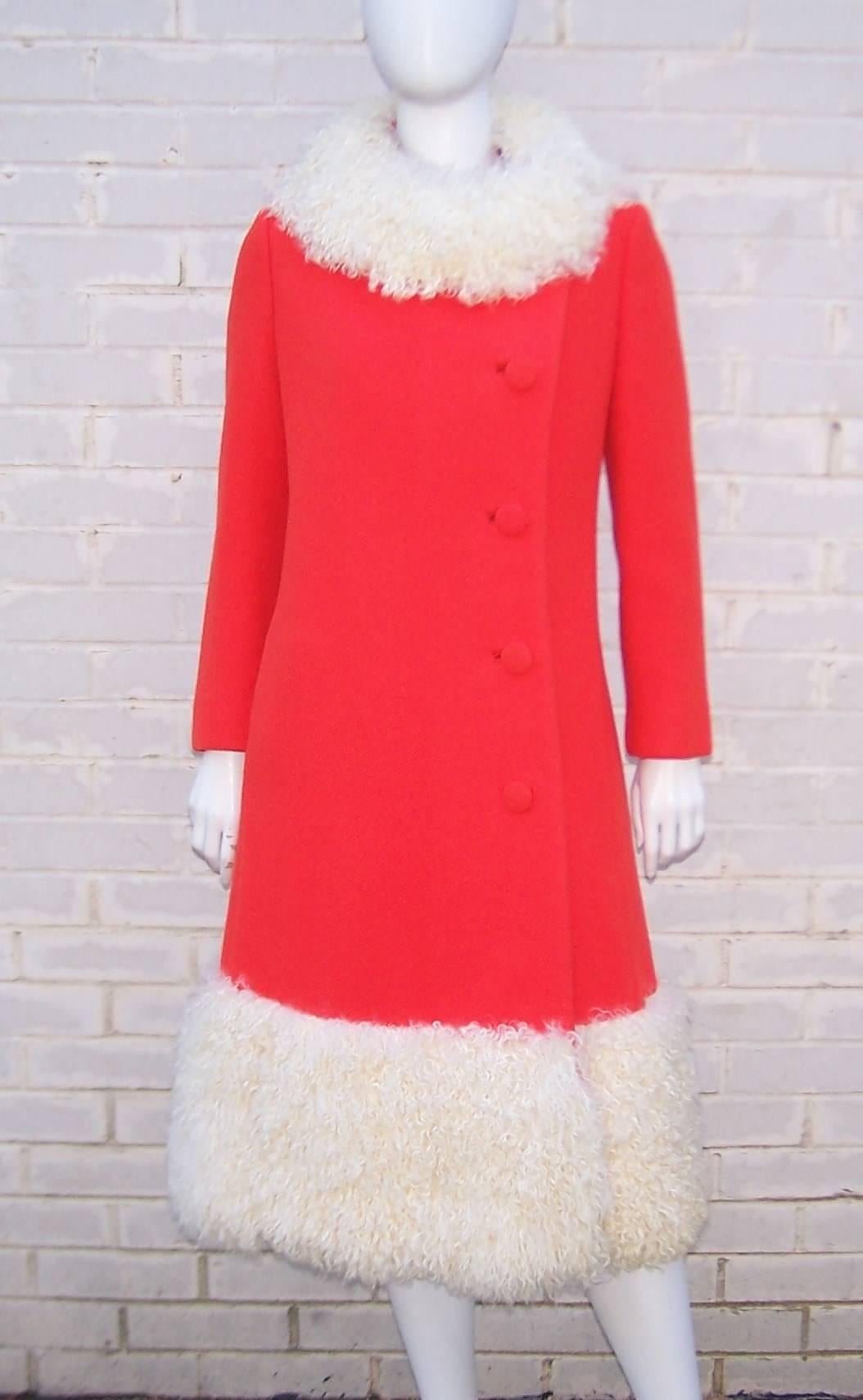 Wowza!  They'll see you coming and going in this eye popping Lilli Ann design.  From the artistic direction of Adolph Schuman for his company Lilli Ann, this neon red wool coat has all the style of the 1960's with functionality for a modern
