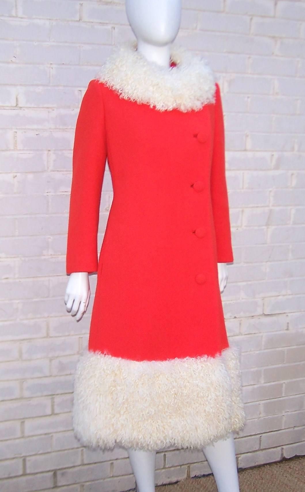 Traffic Stopping 1960's Neon Red Lilli Ann Coat With Mongolian Lamb Fur Trim In Excellent Condition In Atlanta, GA