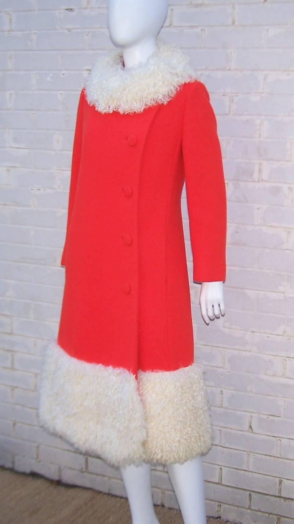 Women's Traffic Stopping 1960's Neon Red Lilli Ann Coat With Mongolian Lamb Fur Trim