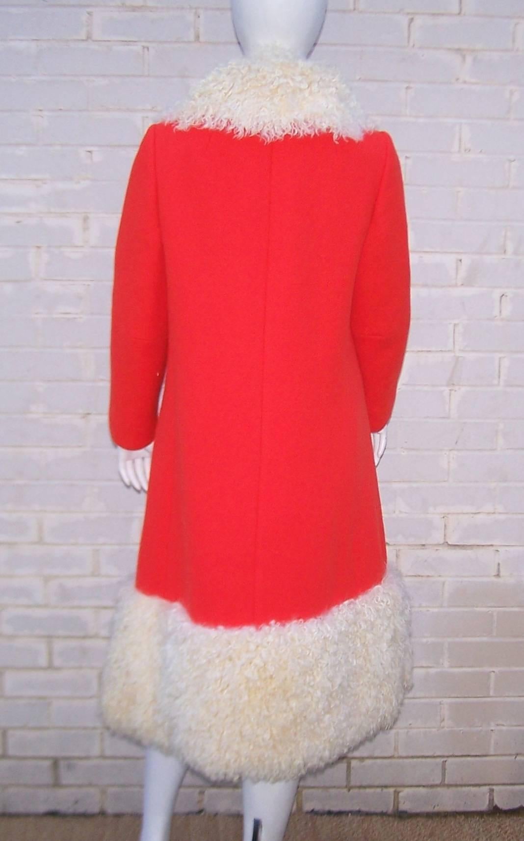 Traffic Stopping 1960's Neon Red Lilli Ann Coat With Mongolian Lamb Fur Trim 1