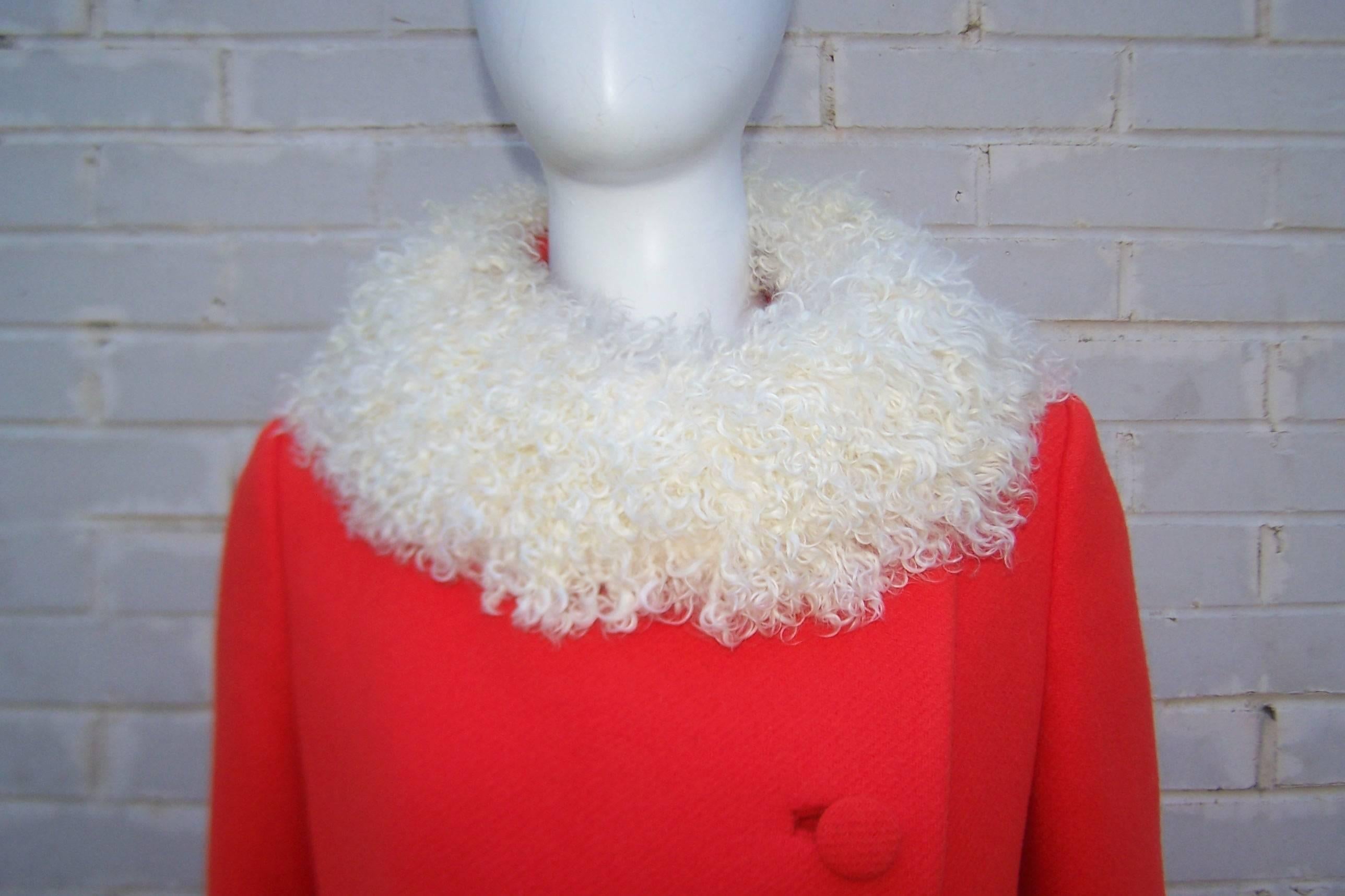 Traffic Stopping 1960's Neon Red Lilli Ann Coat With Mongolian Lamb Fur Trim 2