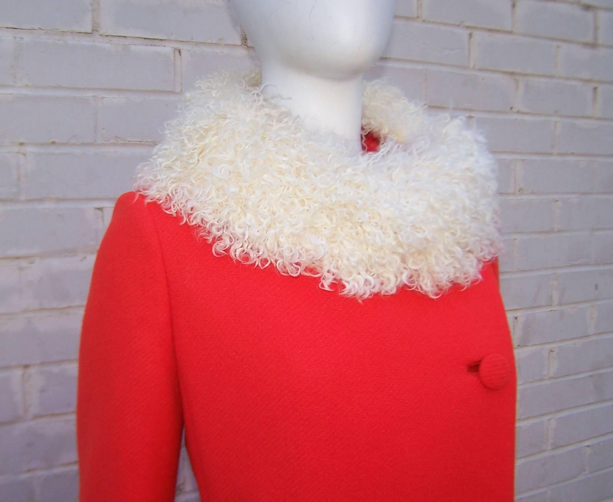Traffic Stopping 1960's Neon Red Lilli Ann Coat With Mongolian Lamb Fur Trim 3
