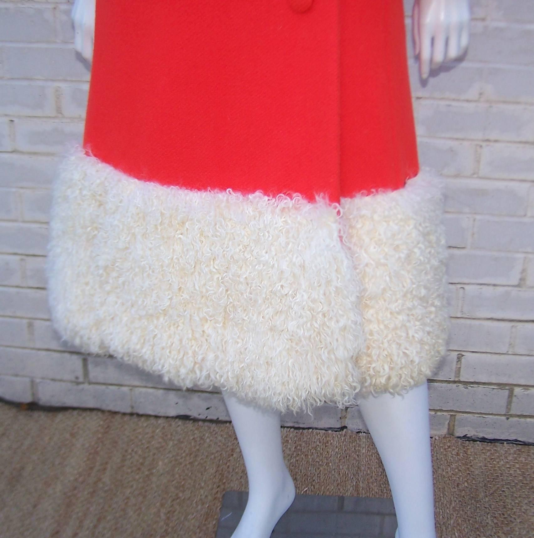 Traffic Stopping 1960's Neon Red Lilli Ann Coat With Mongolian Lamb Fur Trim 4