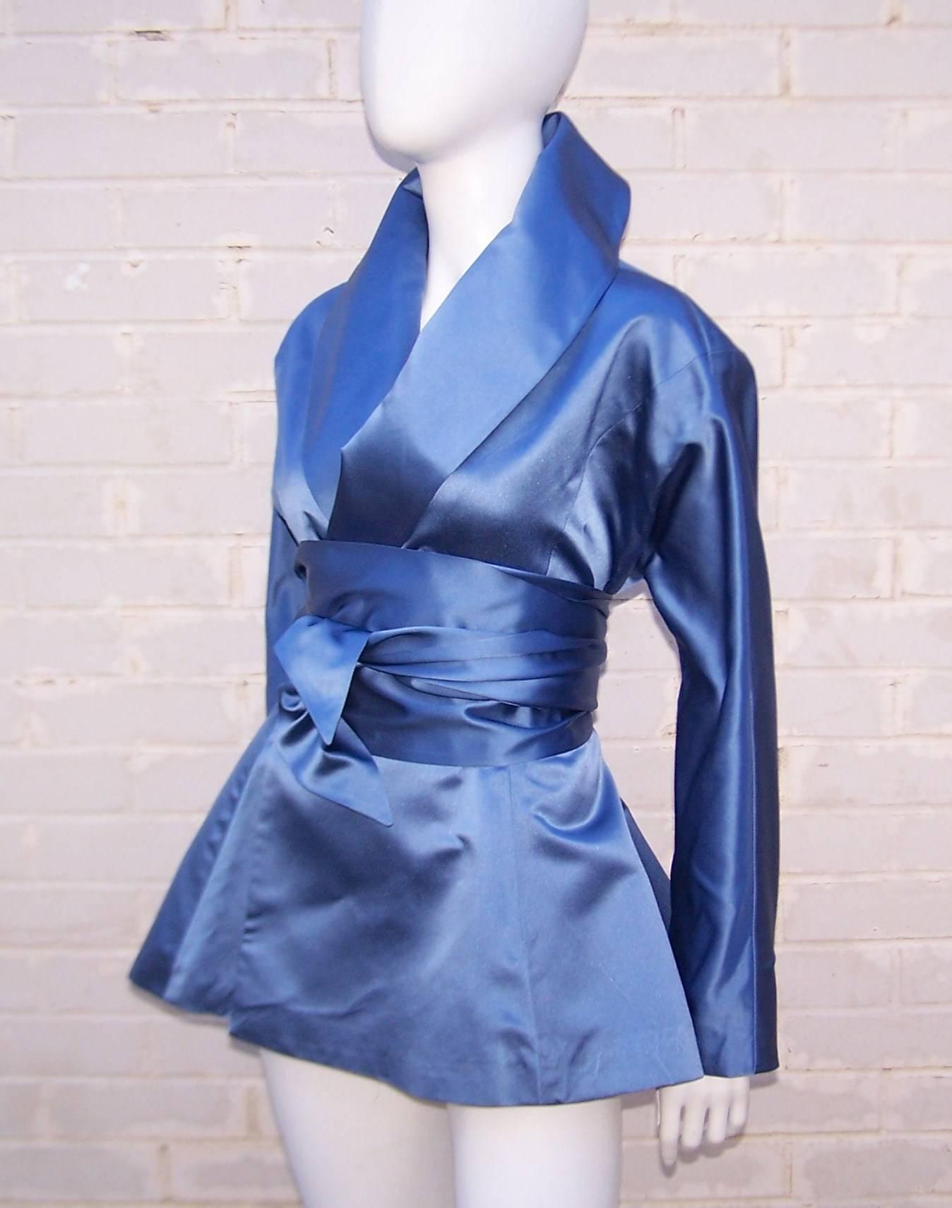 1980's Ralph Lauren Periwinkle Blue Silk Satin Peplum Jacket With Obi Sash In Good Condition In Atlanta, GA