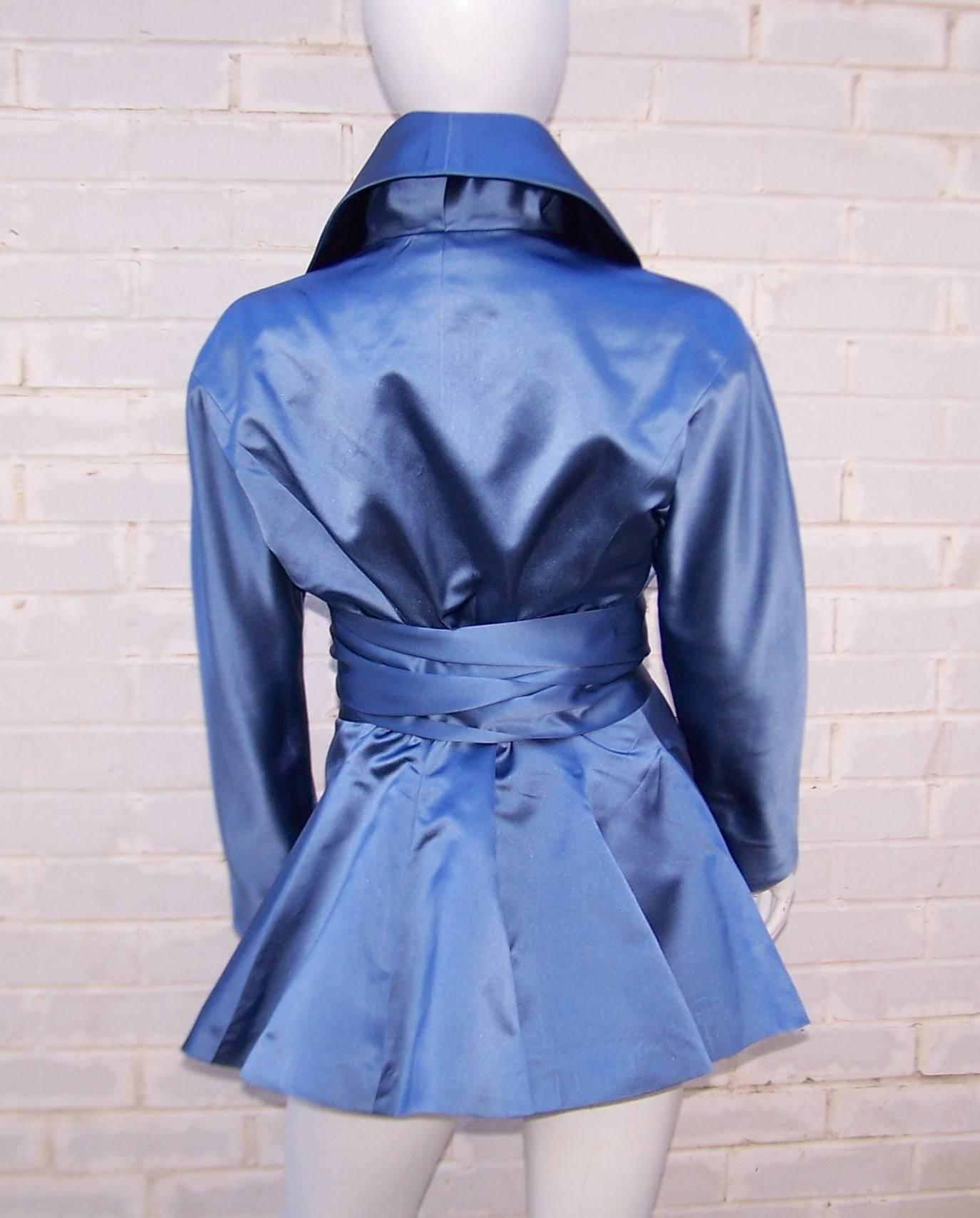 Women's 1980's Ralph Lauren Periwinkle Blue Silk Satin Peplum Jacket With Obi Sash
