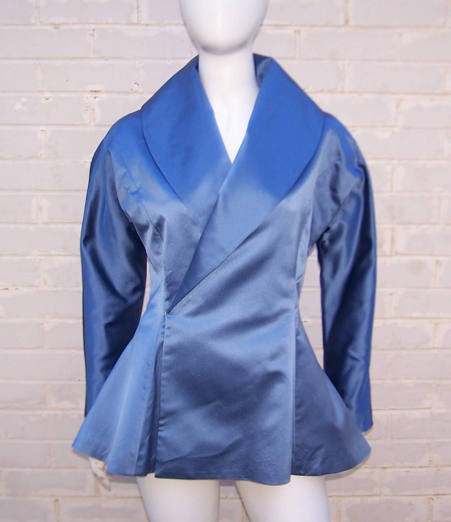 1980's Ralph Lauren Periwinkle Blue Silk Satin Peplum Jacket With Obi Sash 1