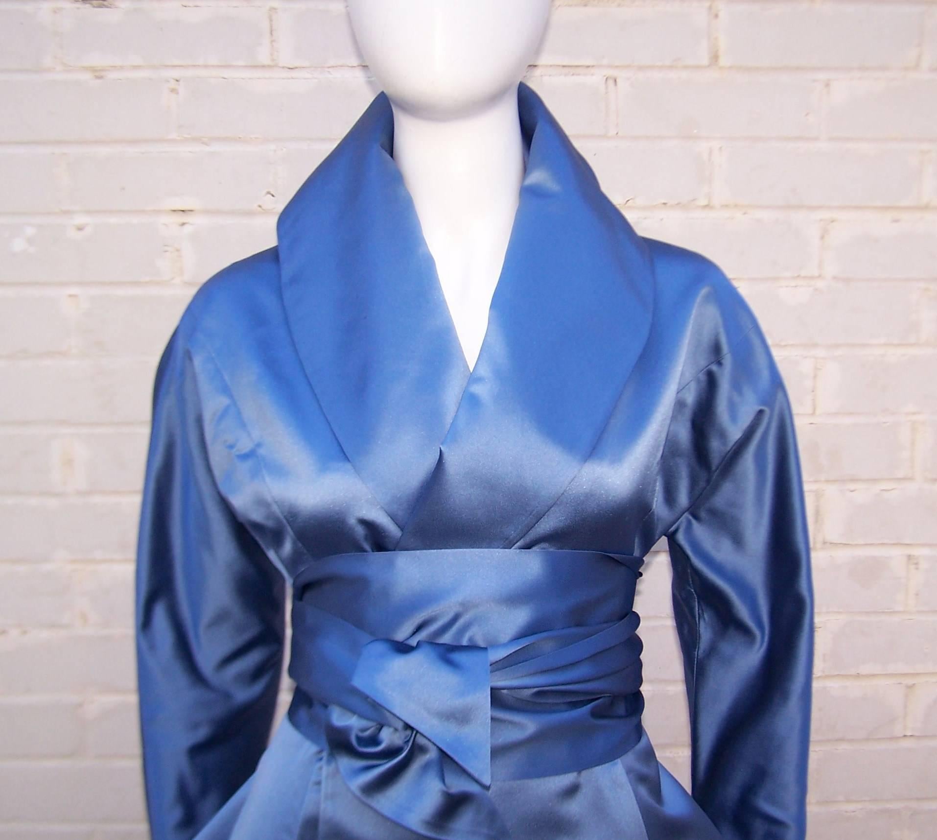 1980's Ralph Lauren Periwinkle Blue Silk Satin Peplum Jacket With Obi Sash 2