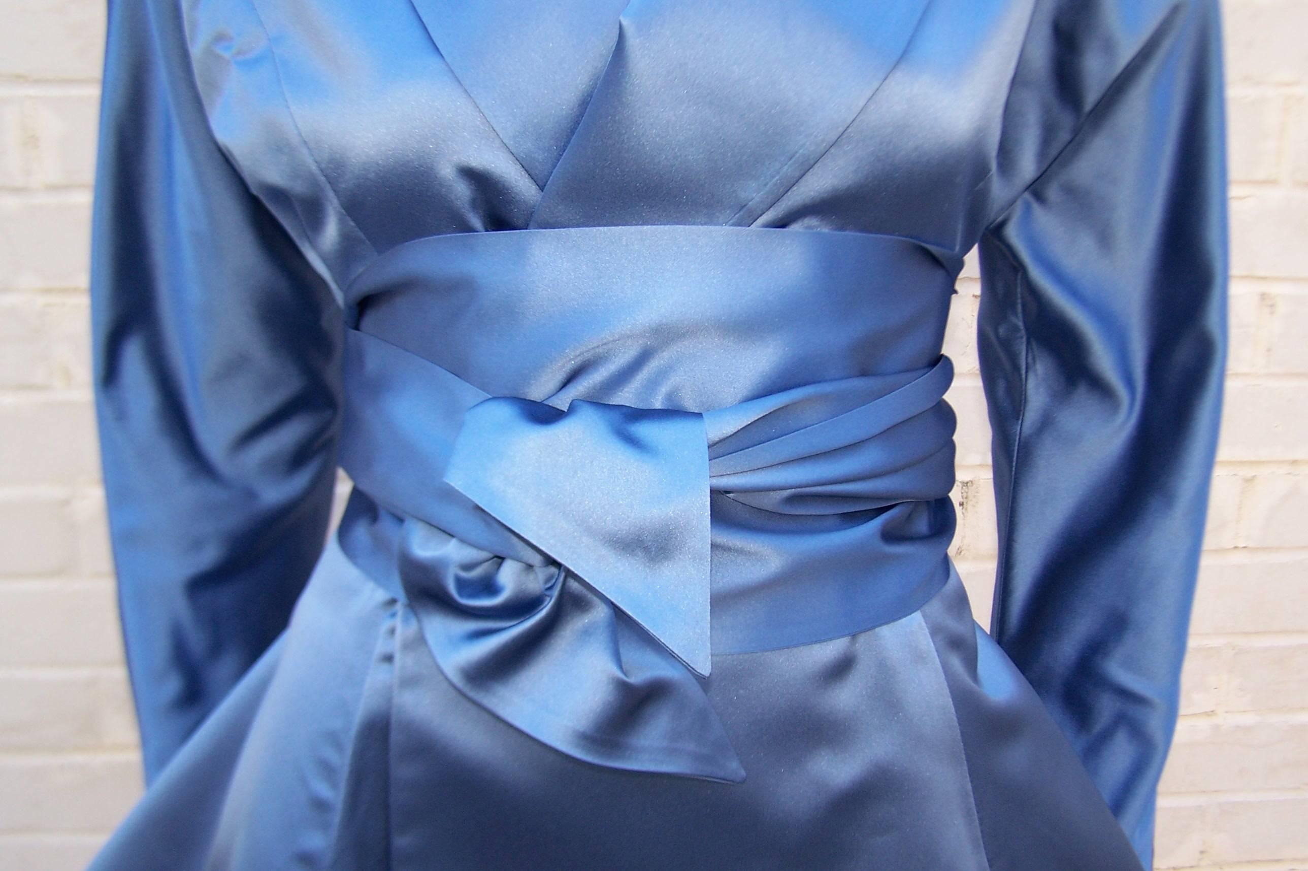 1980's Ralph Lauren Periwinkle Blue Silk Satin Peplum Jacket With Obi Sash 3