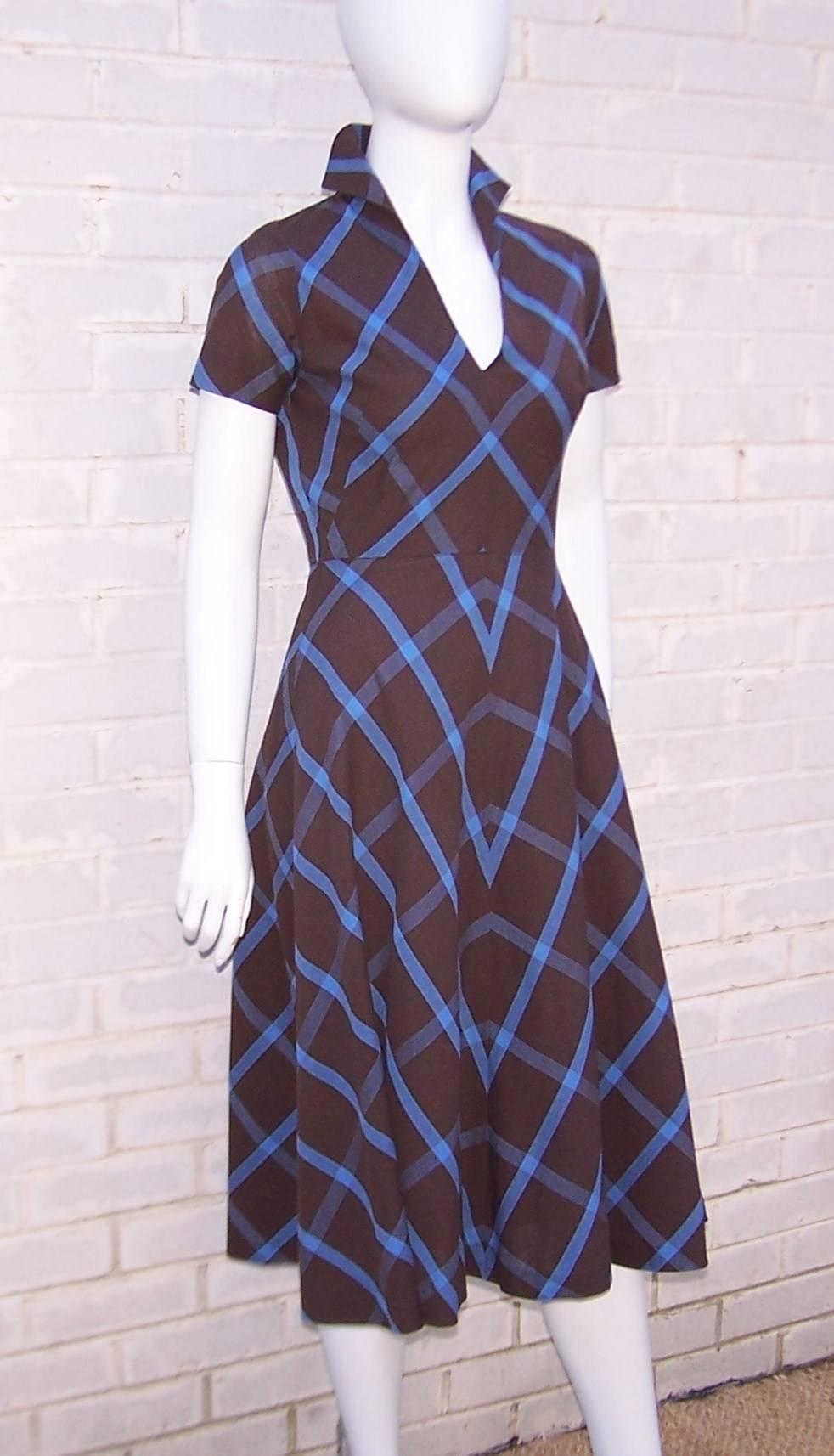 Black 1950's Peck & Peck Brown & Blue Plaid Day Dress