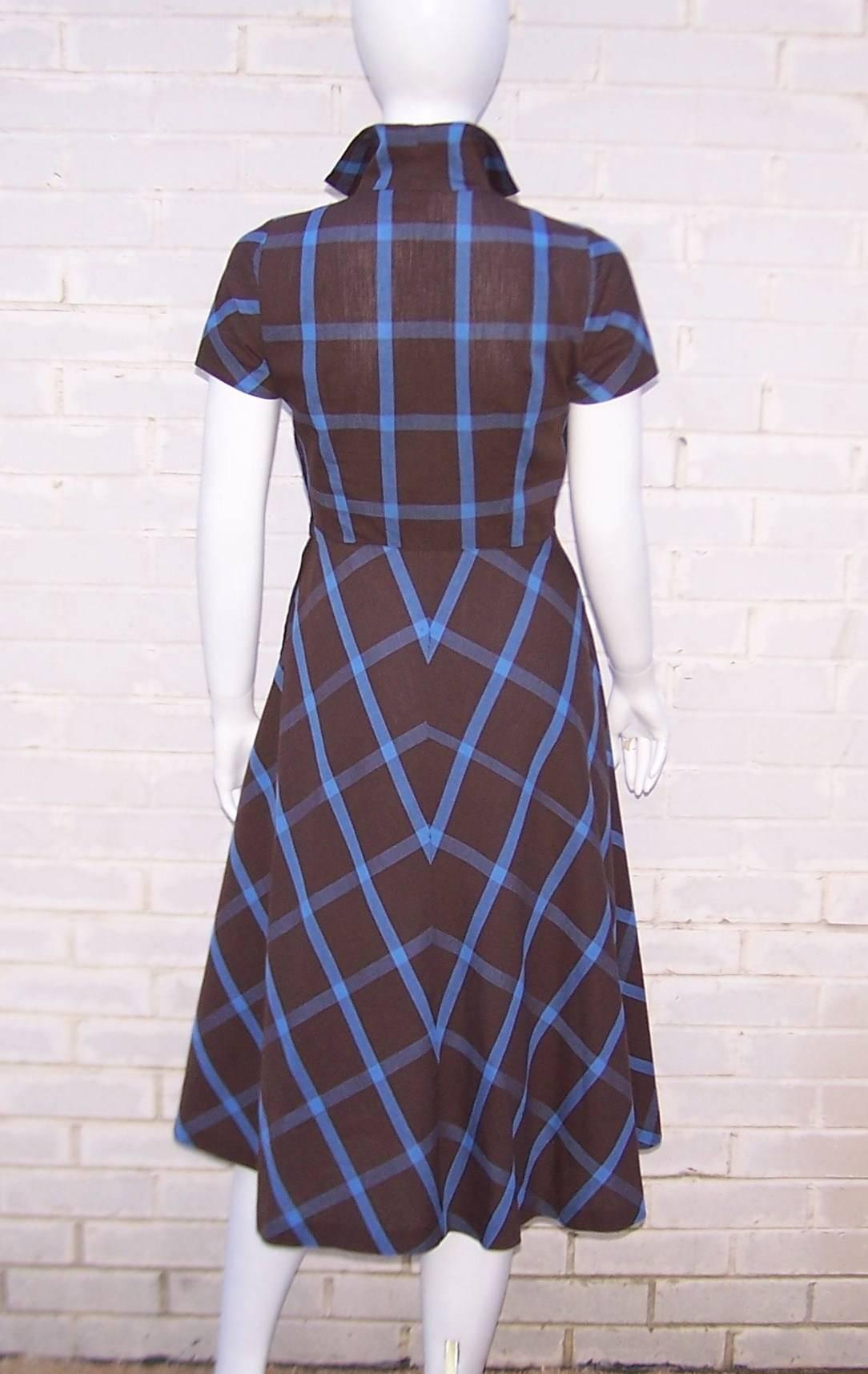 Women's 1950's Peck & Peck Brown & Blue Plaid Day Dress