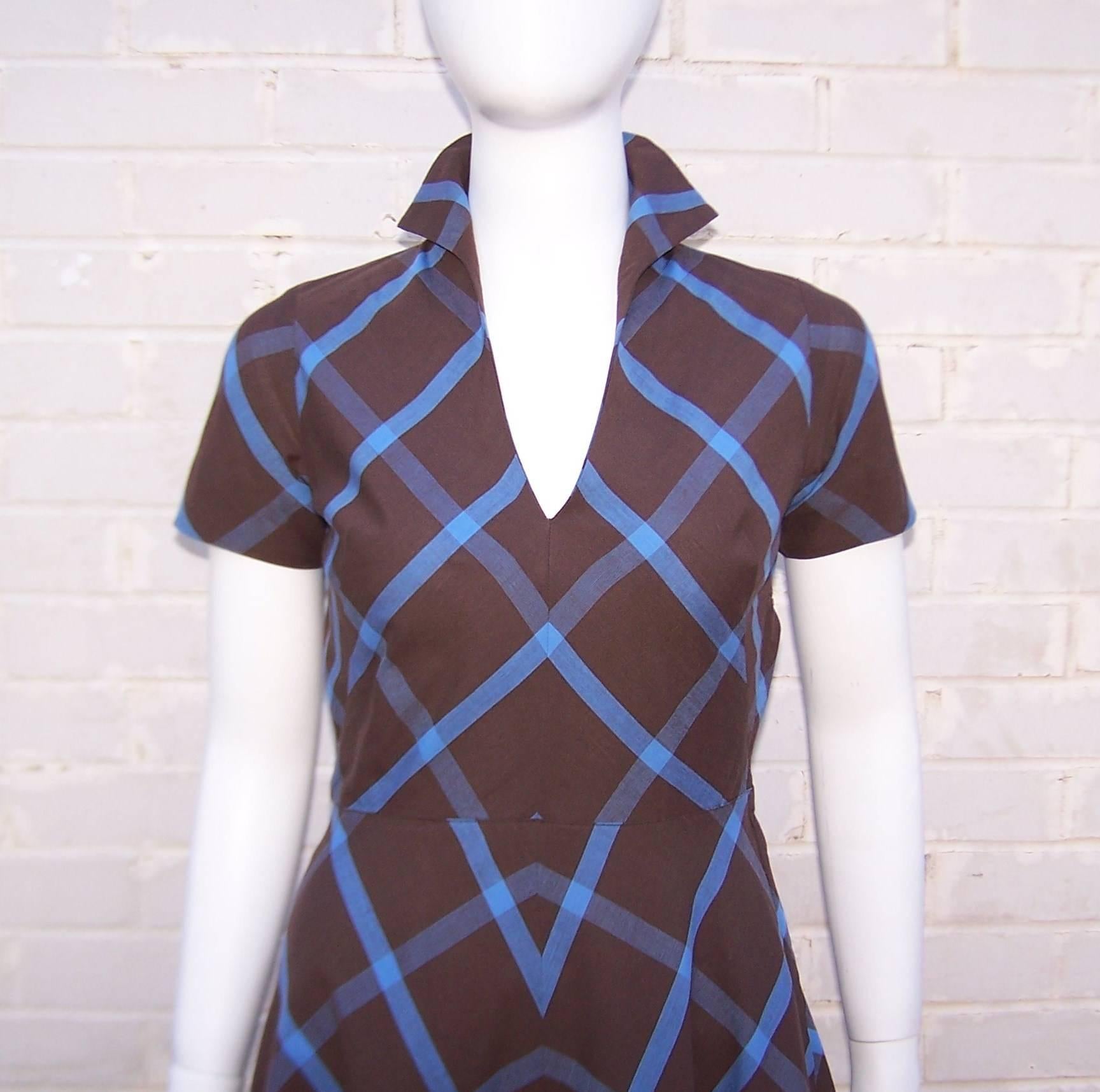 1950's Peck & Peck Brown & Blue Plaid Day Dress 1