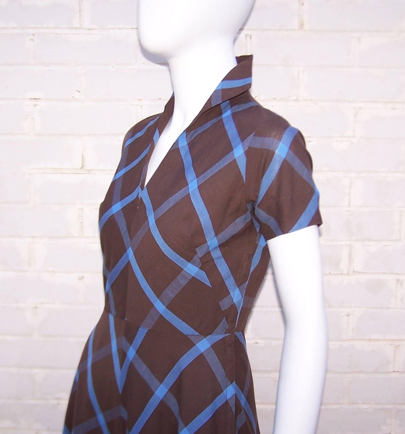 1950's Peck & Peck Brown & Blue Plaid Day Dress 2