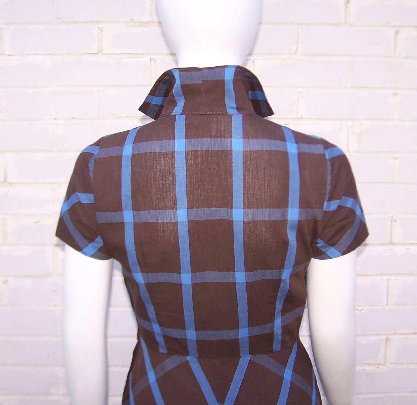 1950's Peck & Peck Brown & Blue Plaid Day Dress 3