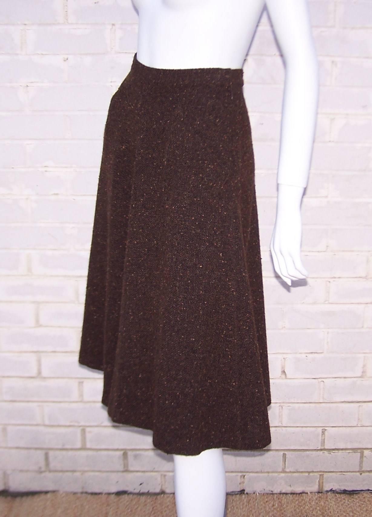 Black 1970's Yves Saint Laurent Nubby Wool Autumnal Brown Tweed Skirt