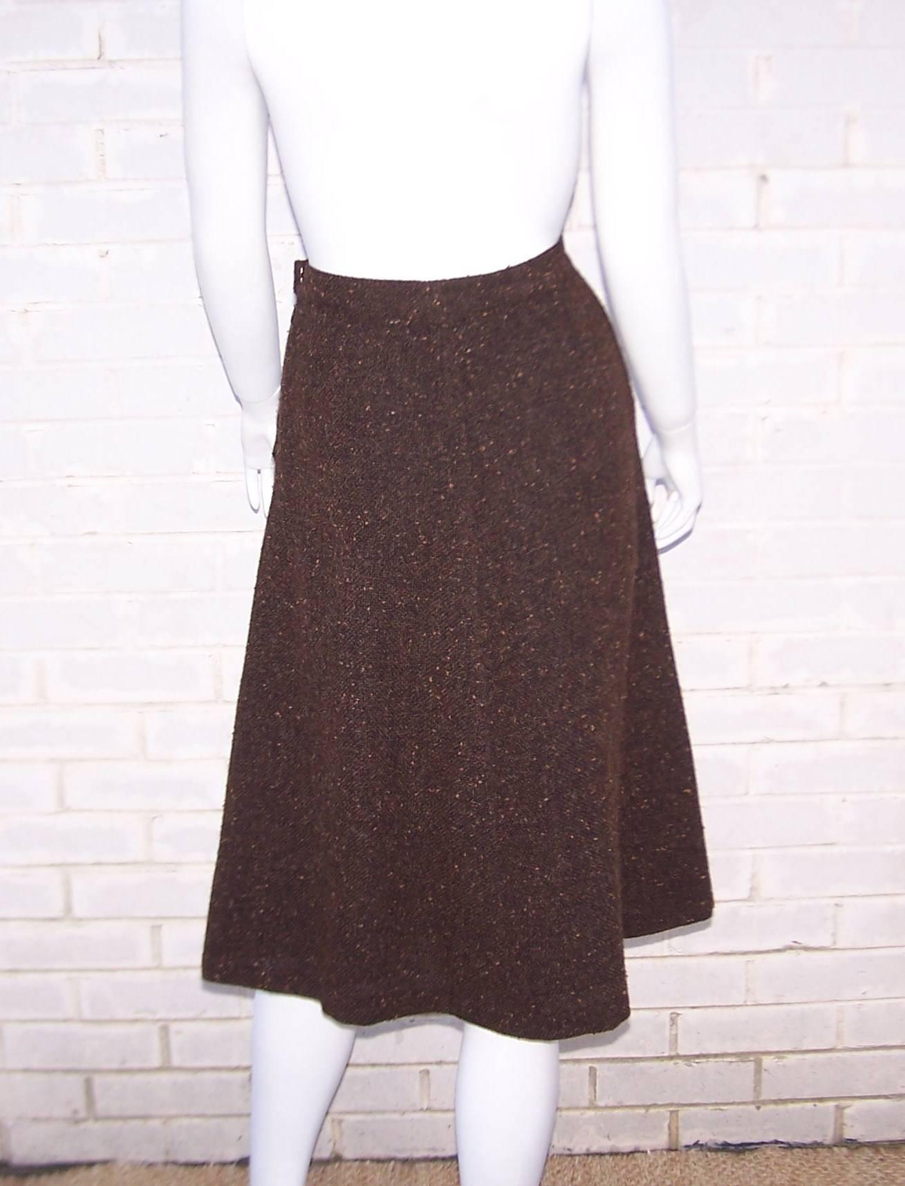 1970's Yves Saint Laurent Nubby Wool Autumnal Brown Tweed Skirt In Excellent Condition In Atlanta, GA