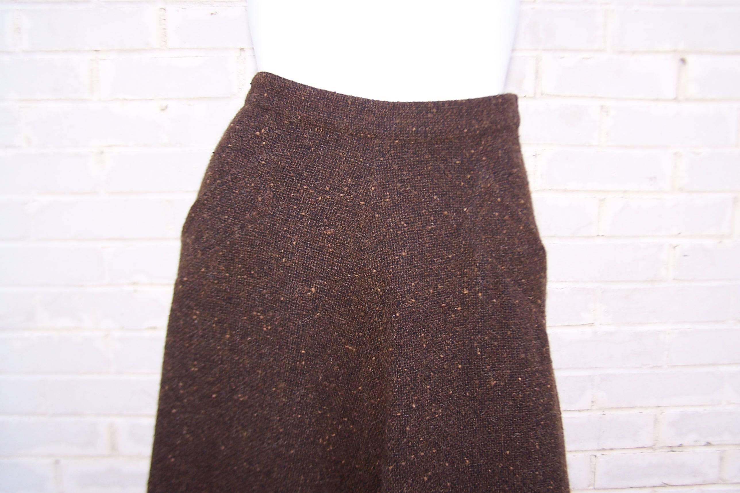 Women's 1970's Yves Saint Laurent Nubby Wool Autumnal Brown Tweed Skirt